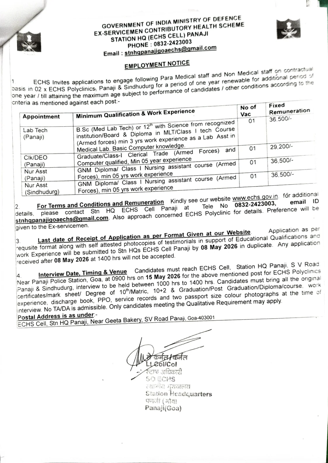 Official Recruitment Notification for ECHS Panaji Offline Recruitment 2026: Apply for 4 Contractual Posts Including Lab Tech, Clerk/DEO and Nurse Assistant