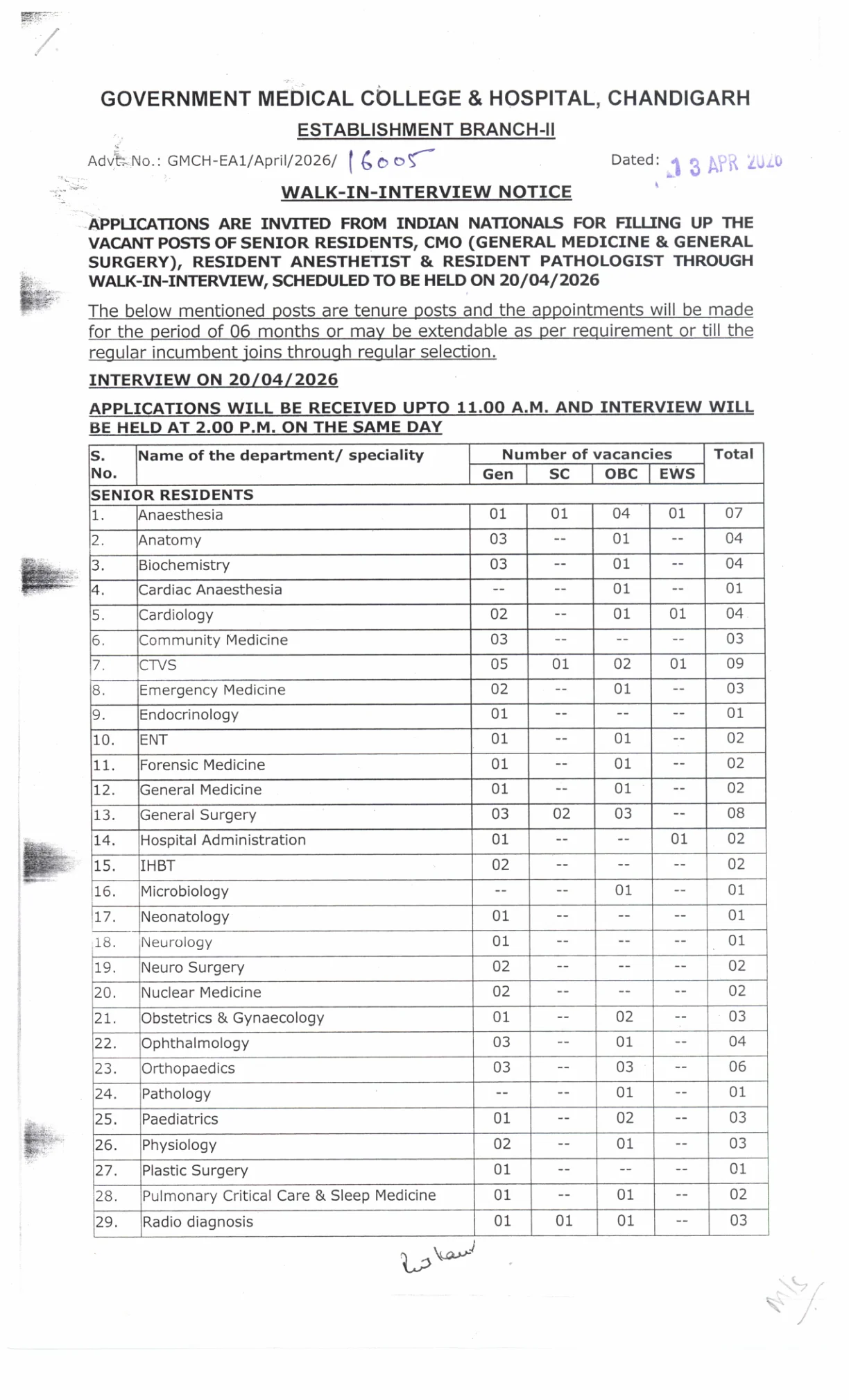 Official Recruitment Notification for GMCH Senior Resident Recruitment 2026: Walk-in for 100 Senior Resident, CMO and Resident Posts