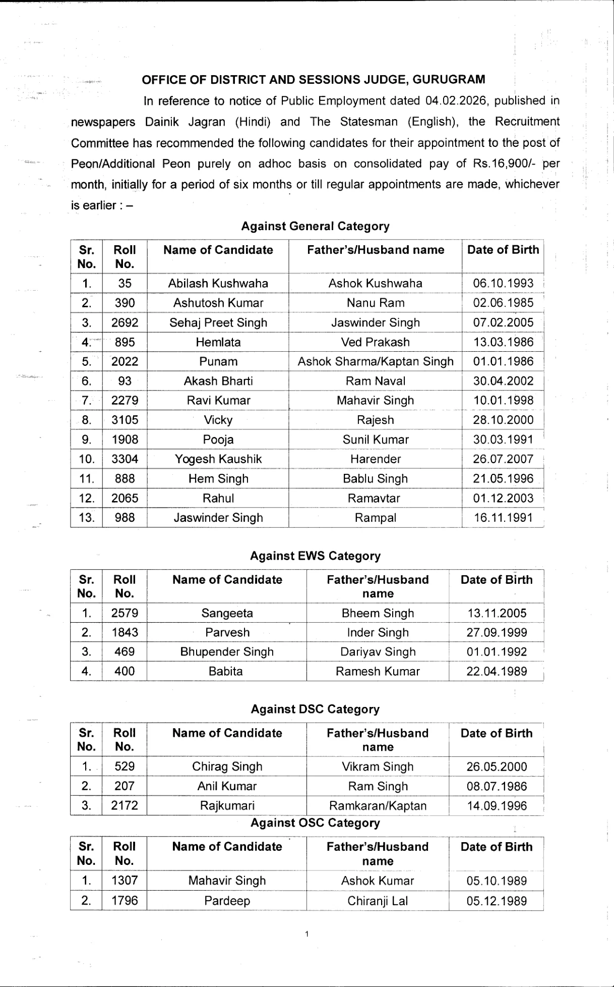 Official Scorecard Link for Gurugram Court Peon Result 2026 Out - How to Download Scorecard at gurugram.dcourts.gov.in