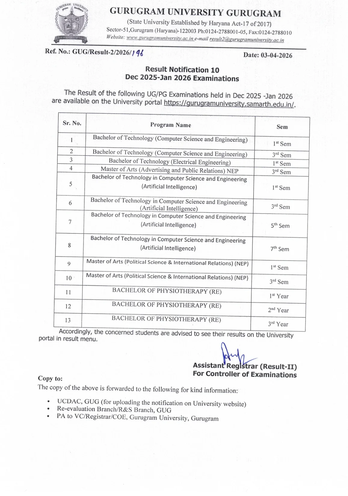 Official Result Link for Gurugram University Result 2026 Out - Direct Link to Download Dec 2025 UG, BPT, B.Pharmacy Results at gurugramuniversity.ac.in