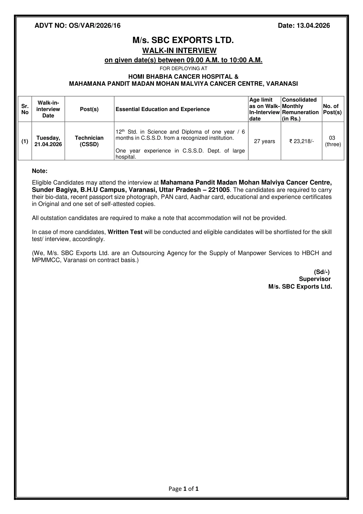 Official Recruitment Notification for HBCH MPMMCC Technician Recruitment 2026 - Walkin
