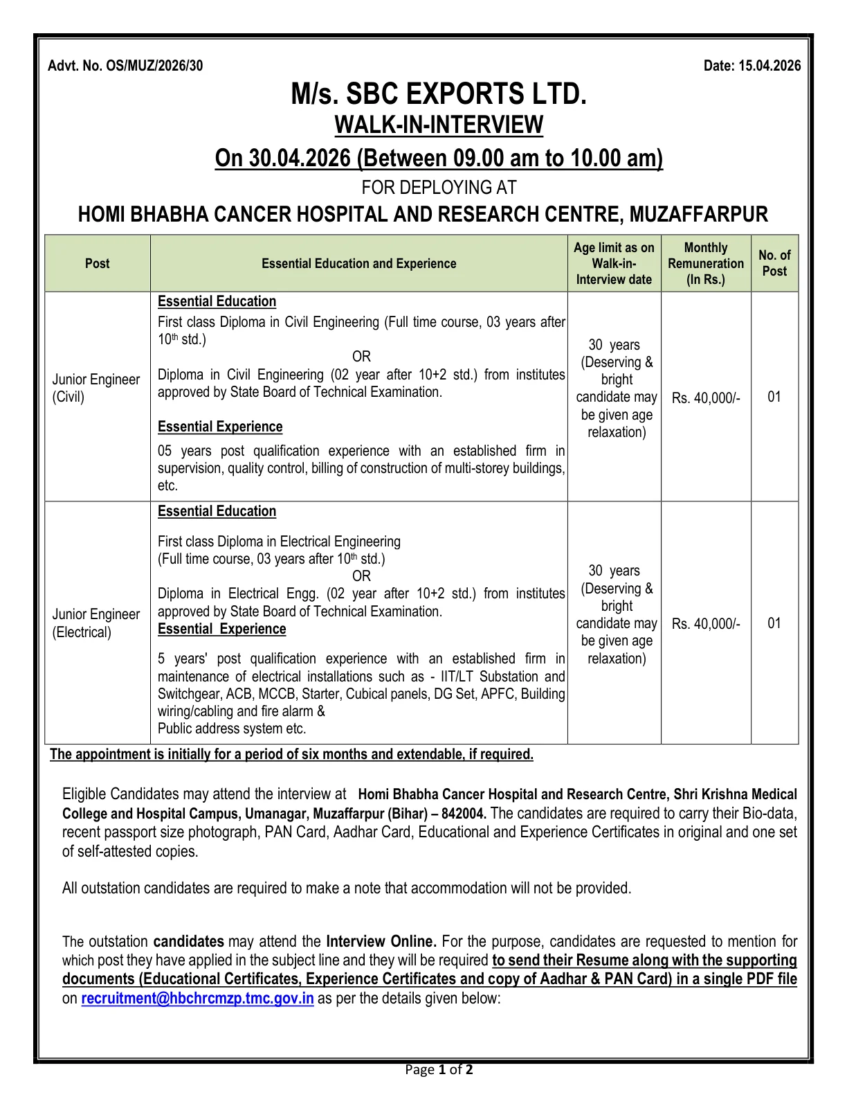 Official Recruitment Notification for HBCH&RC Muzaffarpur Recruitment 2026: Walk-in for Junior Engineer Civil and Electrical Posts