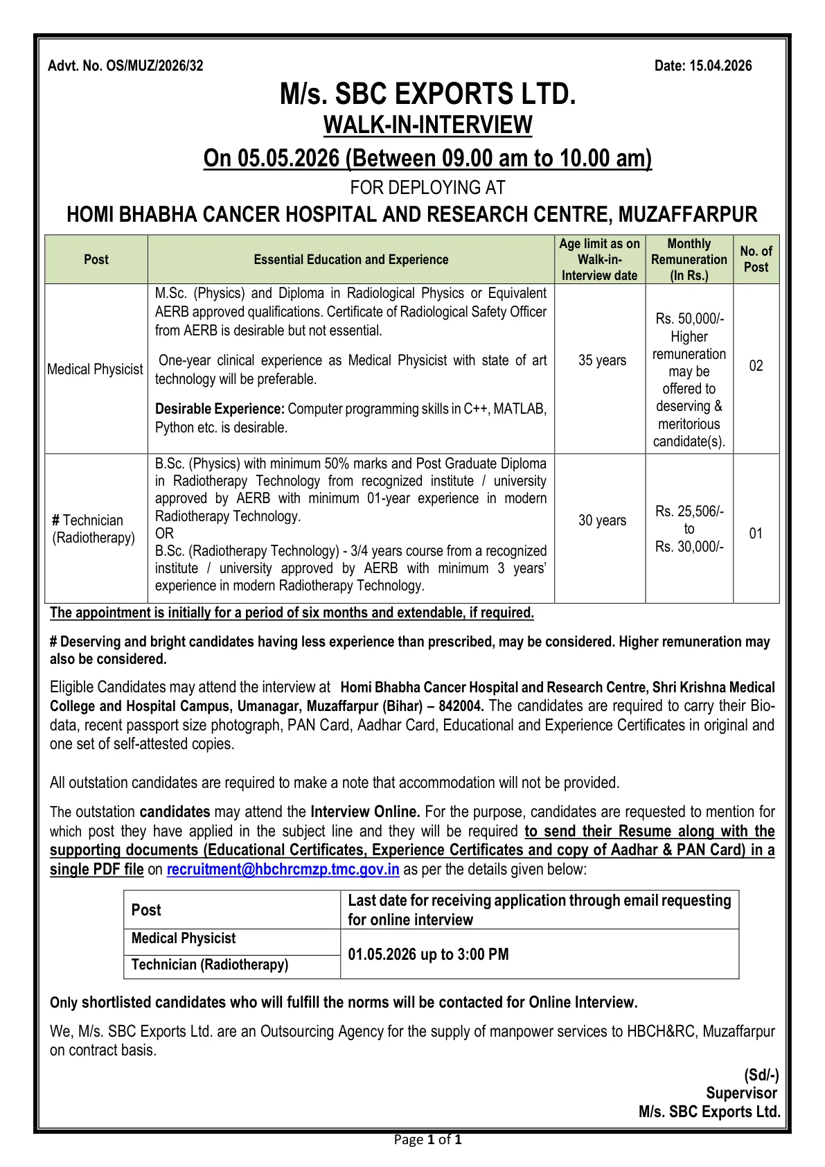 Official Recruitment Notification for HBCH&RC Muzaffarpur Recruitment 2026: Walk-in for Medical Physicist and Technician (Radiotherapy) Posts
