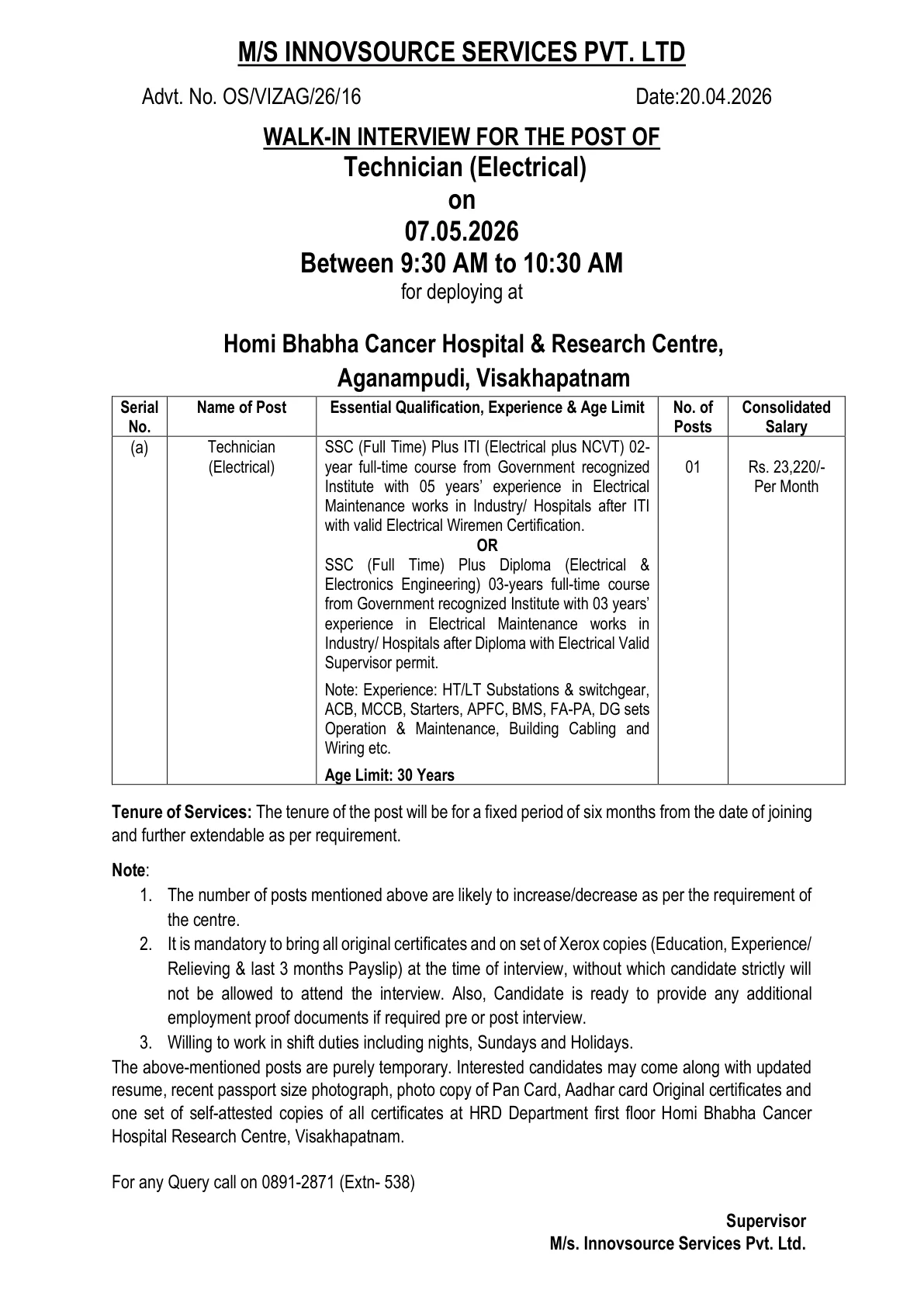 Official Recruitment Notification for HBCHRC Visakhapatnam Technician (Electrical) Recruitment 2026 Walk-in: Eligibility, Salary, Venue and Required Documents