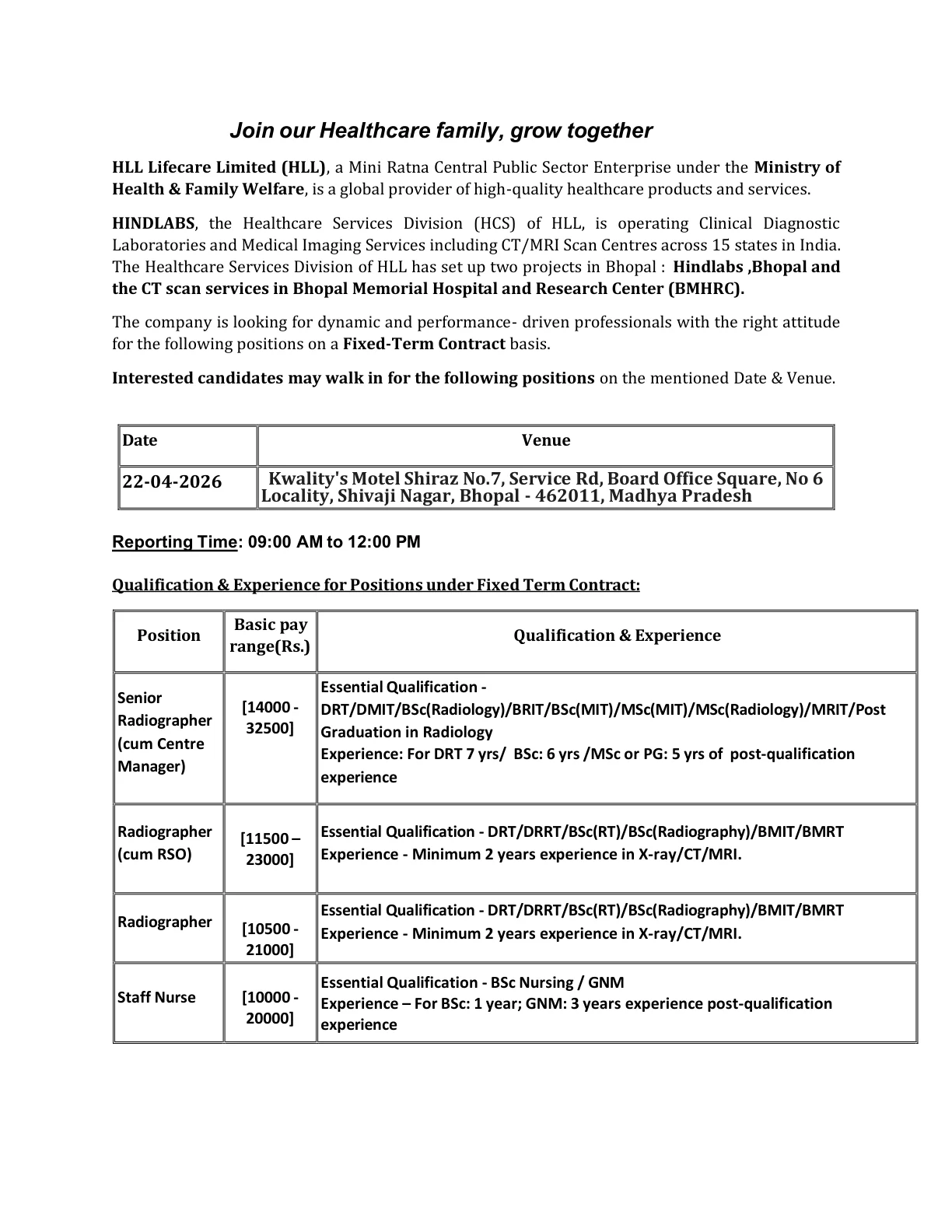 Official Recruitment Notification for HLL Walk-in Recruitment 2026 for Radiographer, Staff Nurse and Lab Technician: Eligibility, Pay, Date and Venue
