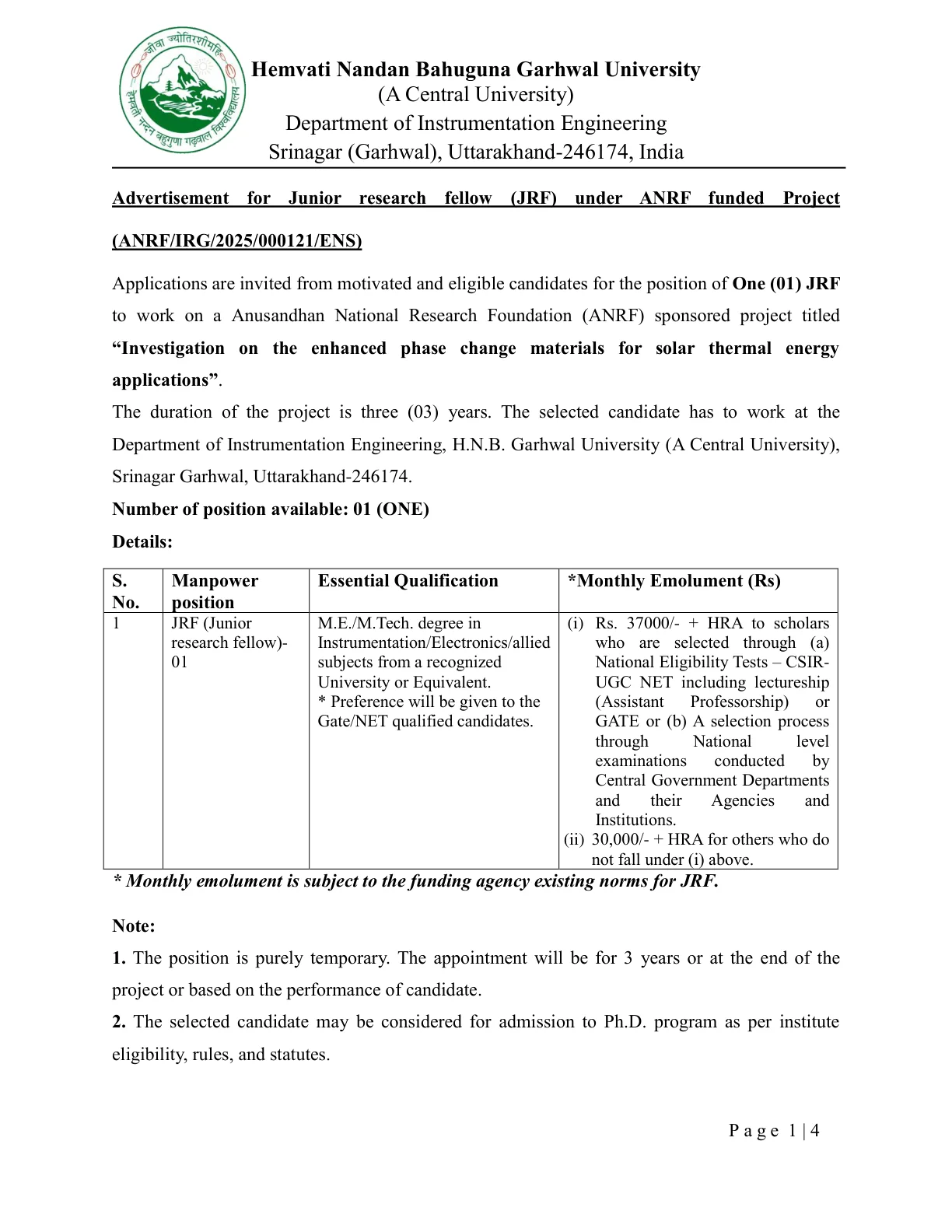 Official Recruitment Notification for HNBGU Junior Research Fellow Recruitment 2026 - Apply Online