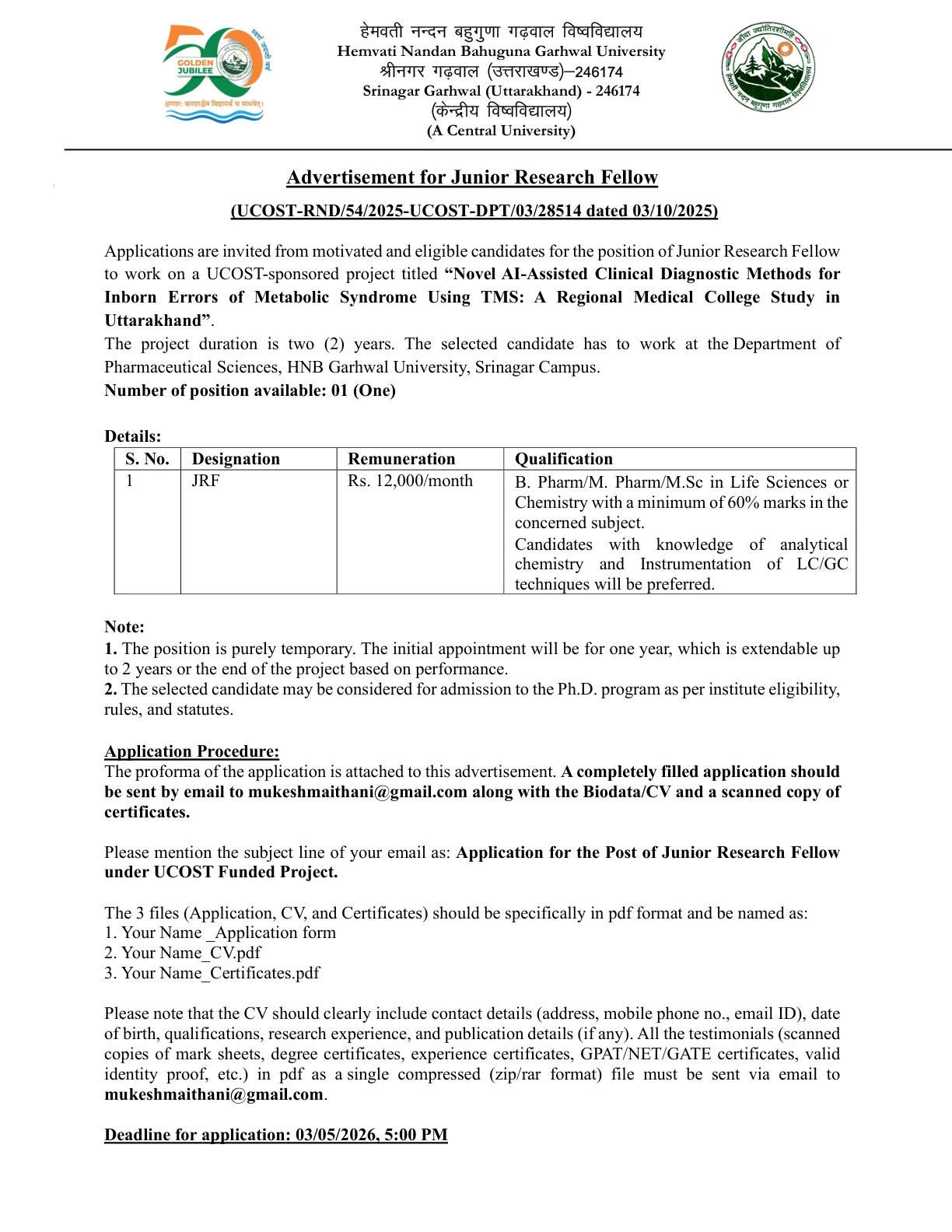 Official Recruitment Notification for HNBGU Junior Research Fellow Recruitment 2026: Eligibility, Fellowship, Last Date and Email Application