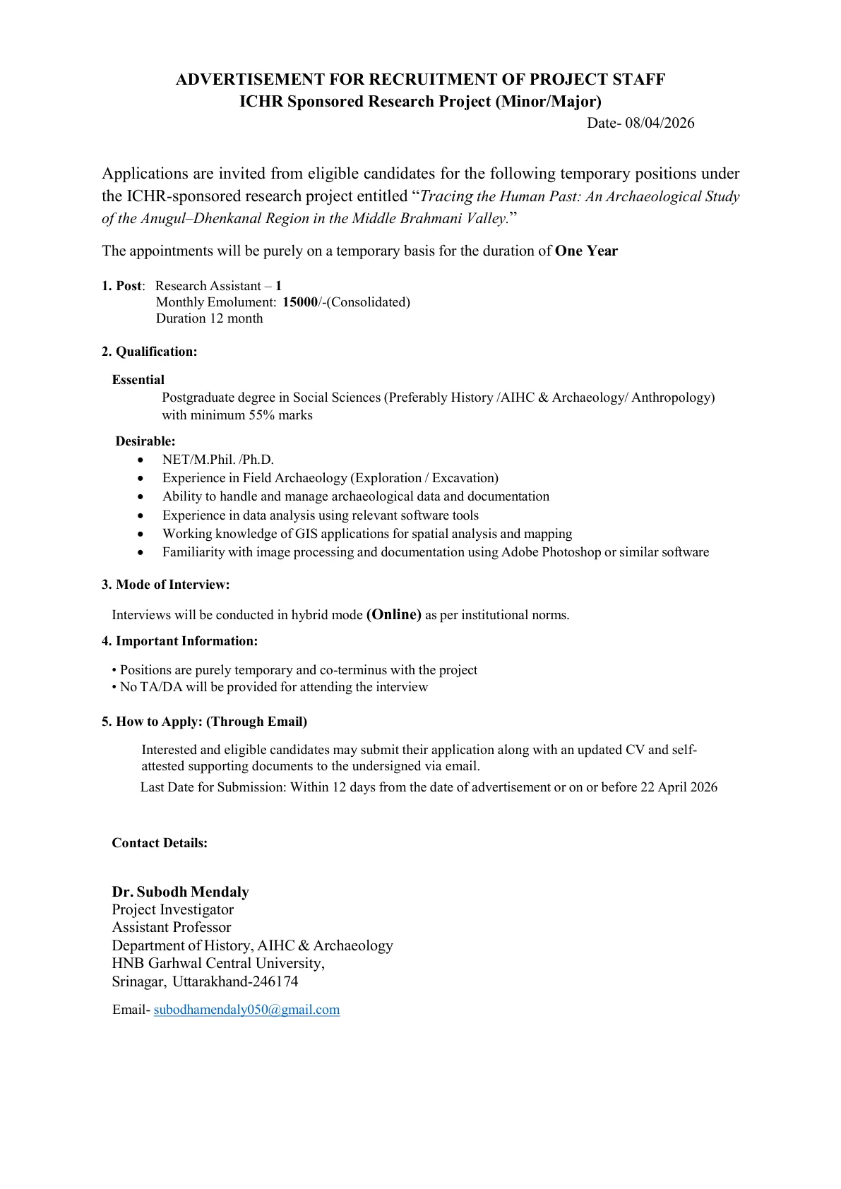 Official Recruitment Notification for HNBGU Research Assistant Recruitment 2026 - Apply Online