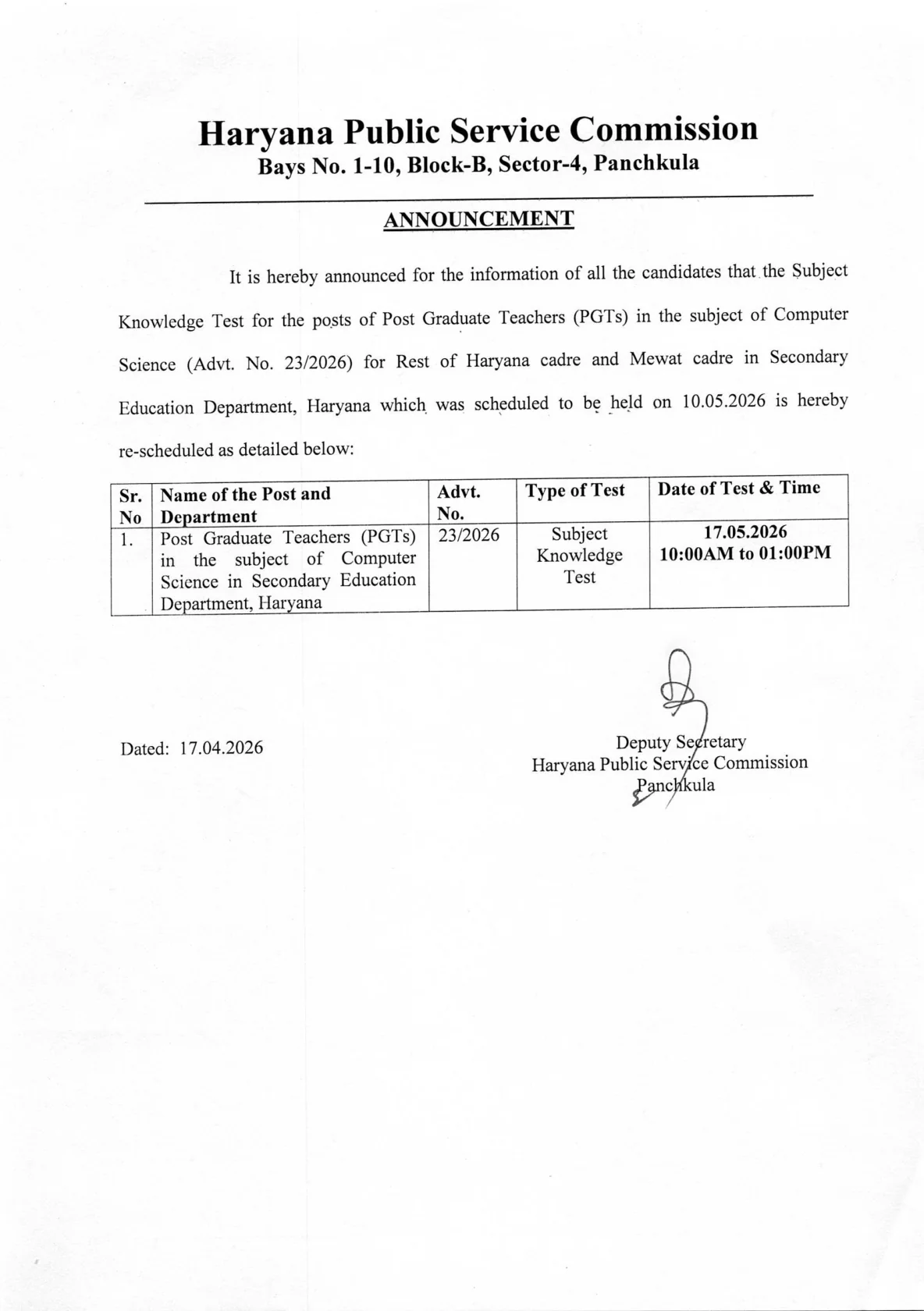 Official Exam Notice for HPSC PGT Computer Science Exam Date 2026 Rescheduled: Check New Date, Time, Admit Card Status and Next Steps