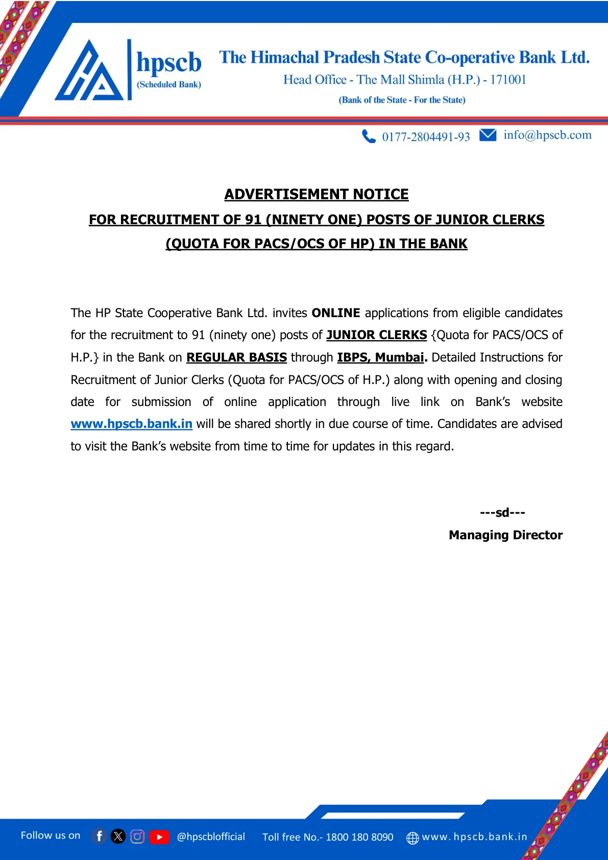 Official Recruitment Notification for HPSCB Junior Clerk Recruitment 2026 Short Notice for 91 Posts: What Is Confirmed Now