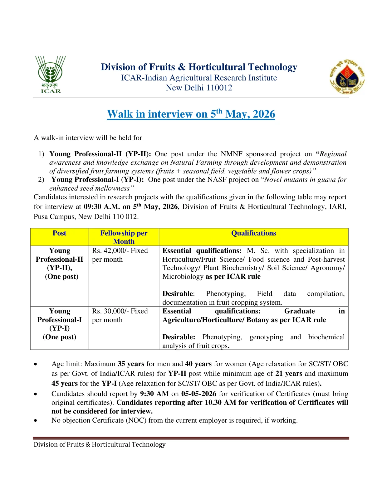 Official Recruitment Notification for ICAR IARI Young Professional Recruitment 2026 - Walkin