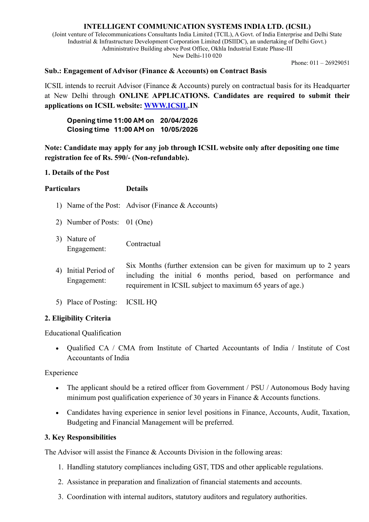 Official Recruitment Notification for ICSIL Advisor Recruitment 2026: Apply Online for Advisor (Finance & Accounts) Post