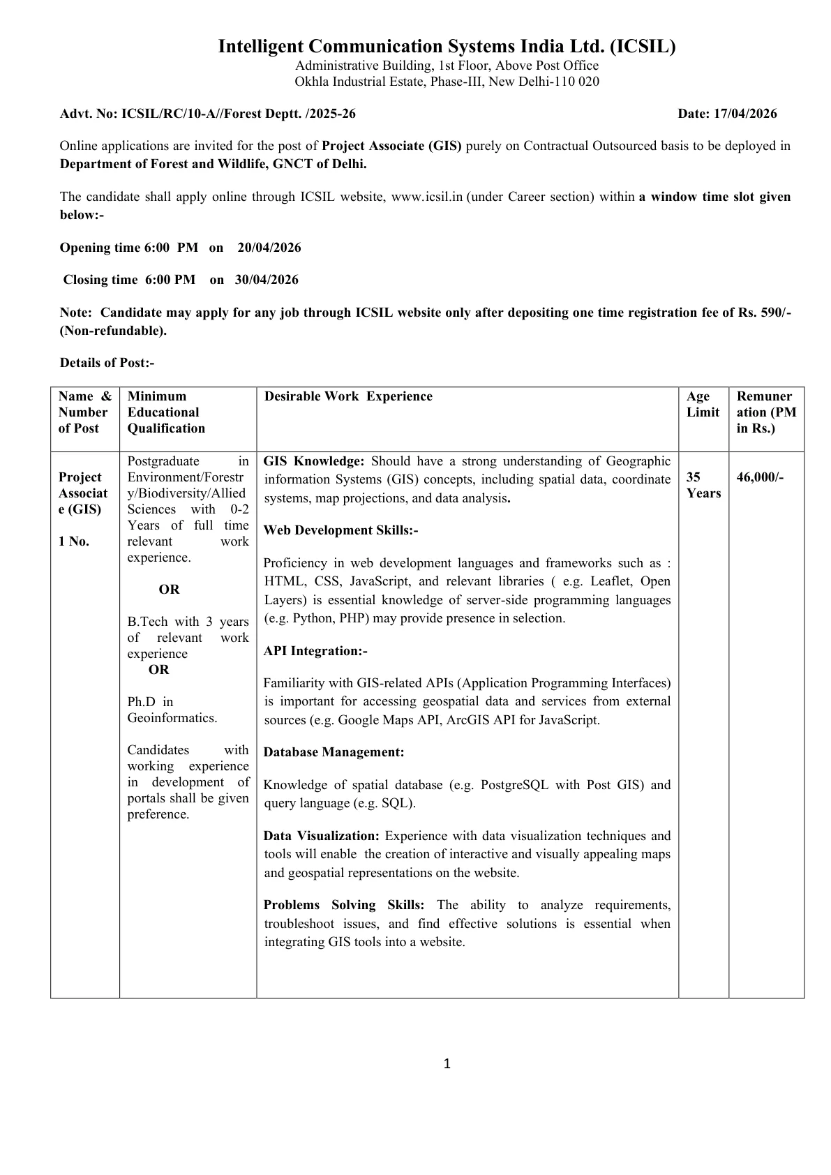 Official Recruitment Notification for ICSIL Recruitment 2026 for 1 Project Associate (GIS) Post: Eligibility, Dates and Apply Online