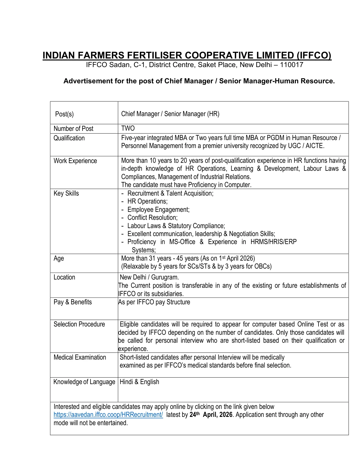 Official Recruitment Notification for IFFCO Recruitment 2026 for Chief Manager / Senior Manager (HR): Check Eligibility and Apply Online