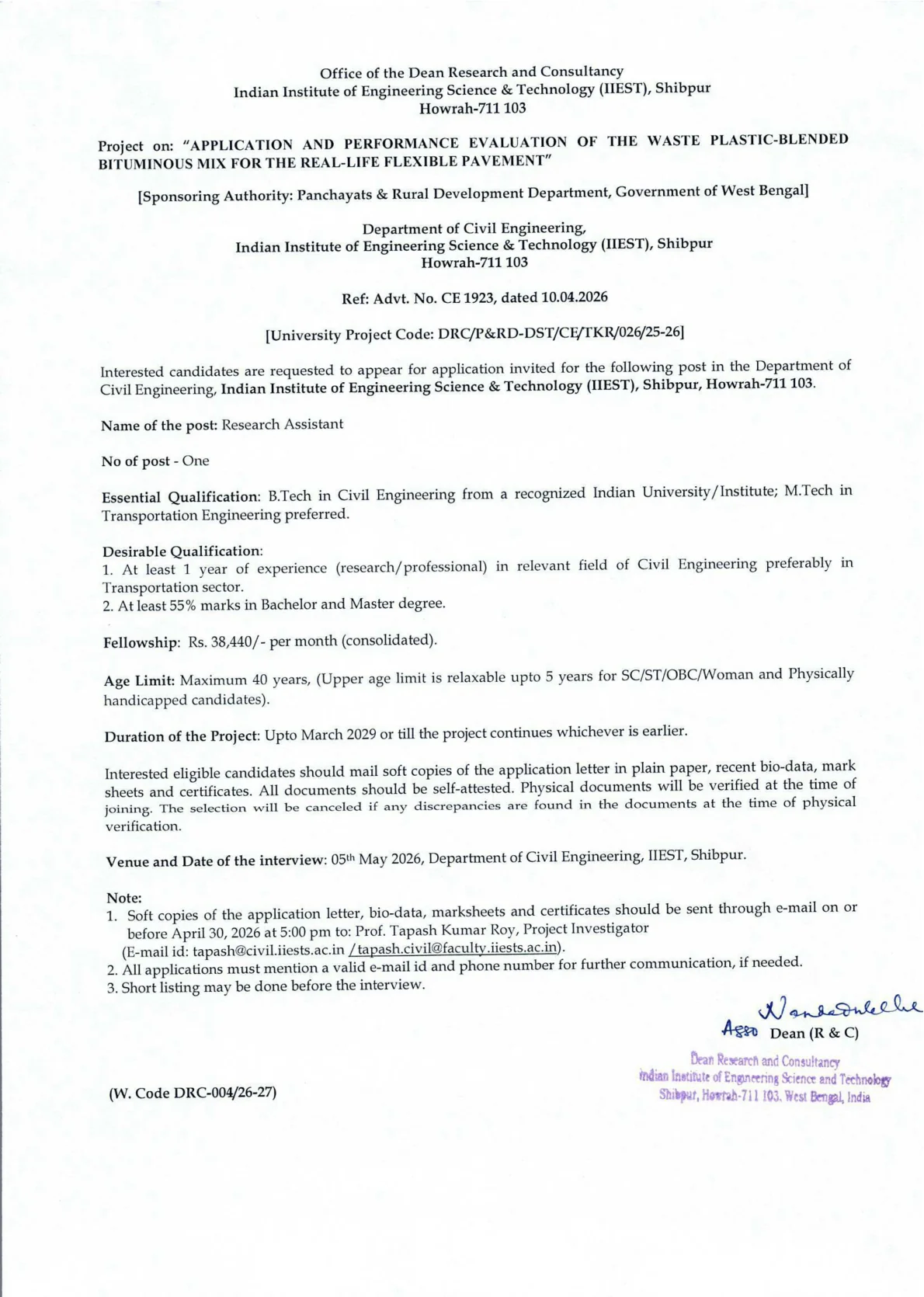 Official Recruitment Notification for IIEST Shibpur Research Assistant Recruitment 2026 for 1 Post: eligibility, salary, interview date, and how to apply
