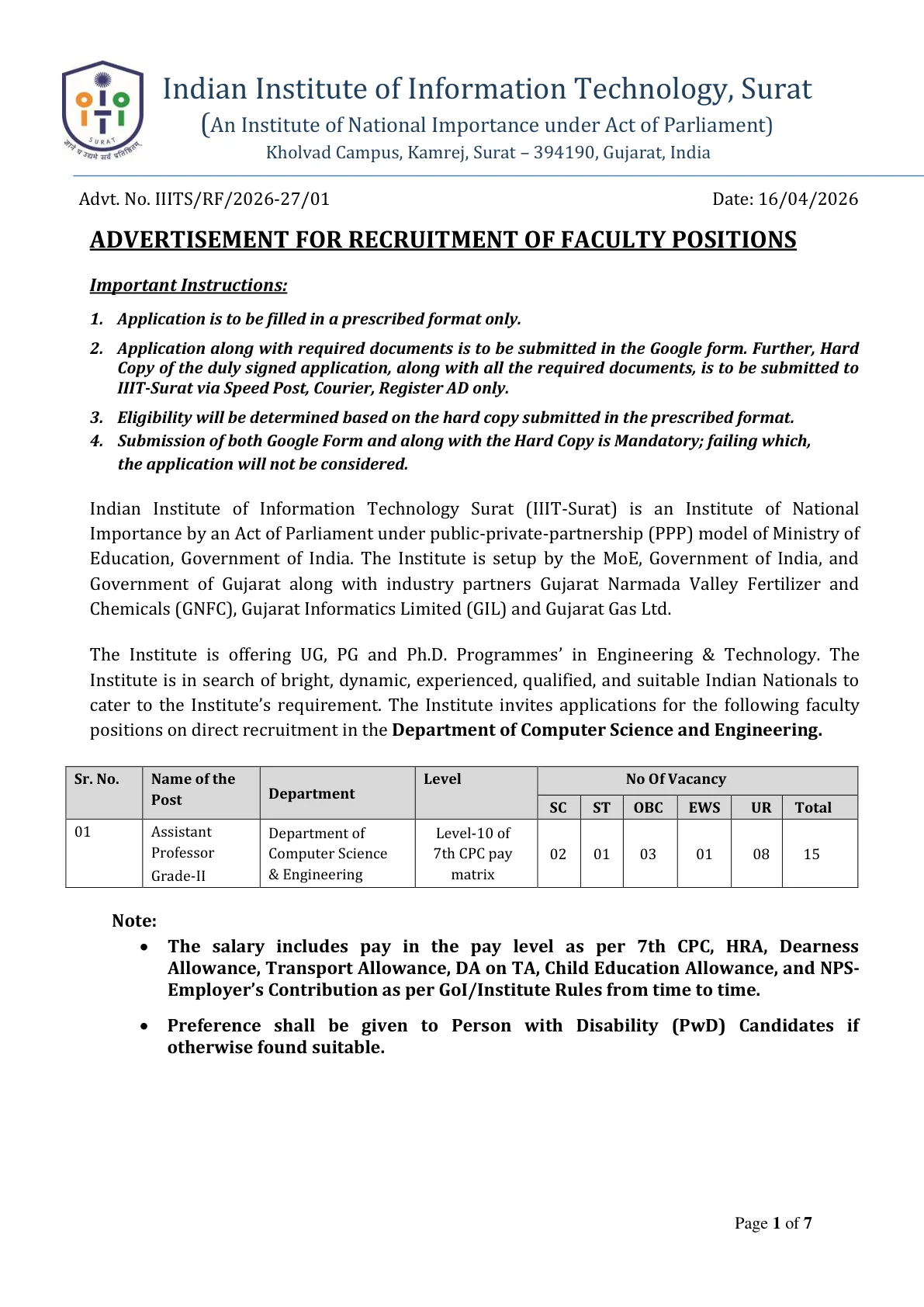 Official Recruitment Notification for IIIT Surat Assistant Professor Grade-II Recruitment 2026: Apply Online for 15 CSE Faculty Posts