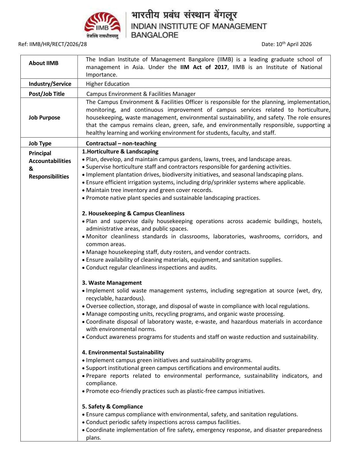 Official Recruitment Notification for IIM Bangalore Campus Environment and Facilities Manager Recruitment 2026: Eligibility, Salary, Last Date and How to Apply Online