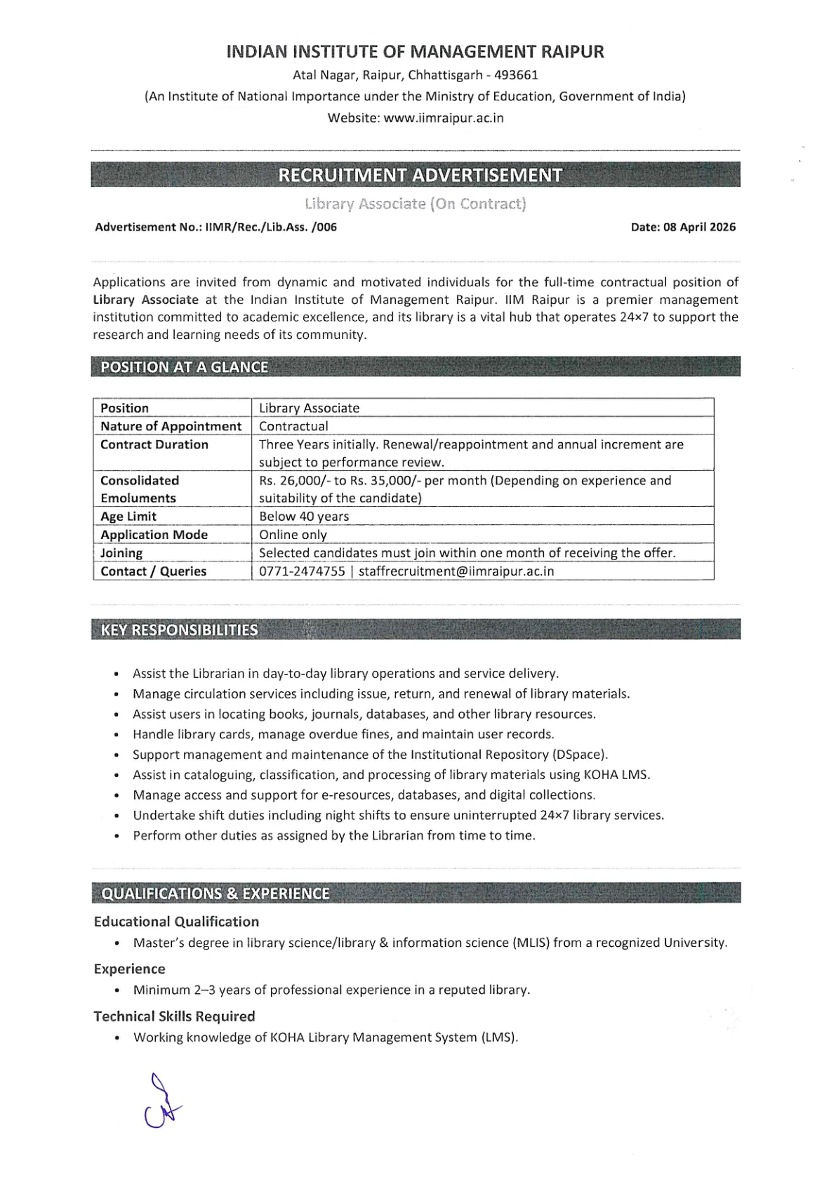 Official Recruitment Notification for IIM Raipur Library Associate Recruitment 2026 - Apply Online