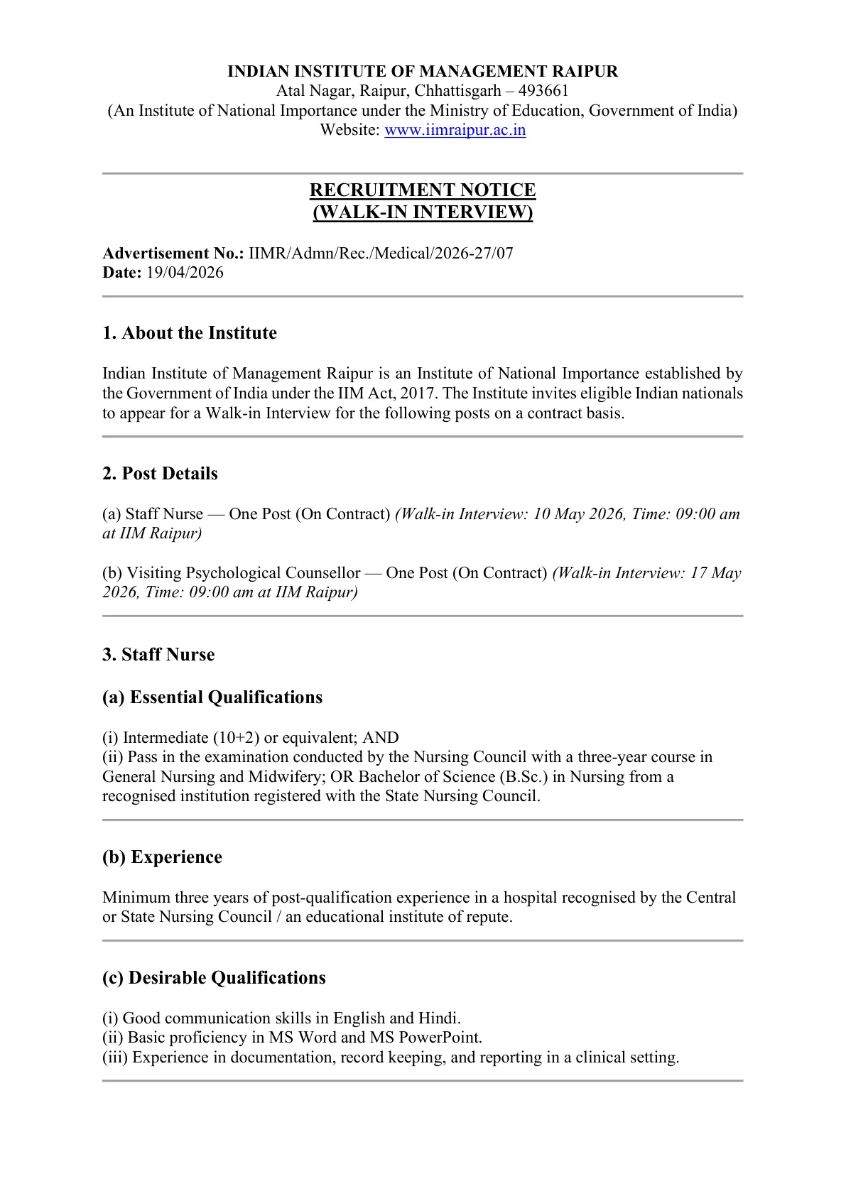 Official Recruitment Notification for IIM Raipur Walk-in Recruitment 2026 for Staff Nurse and Visiting Psychological Counsellor Posts