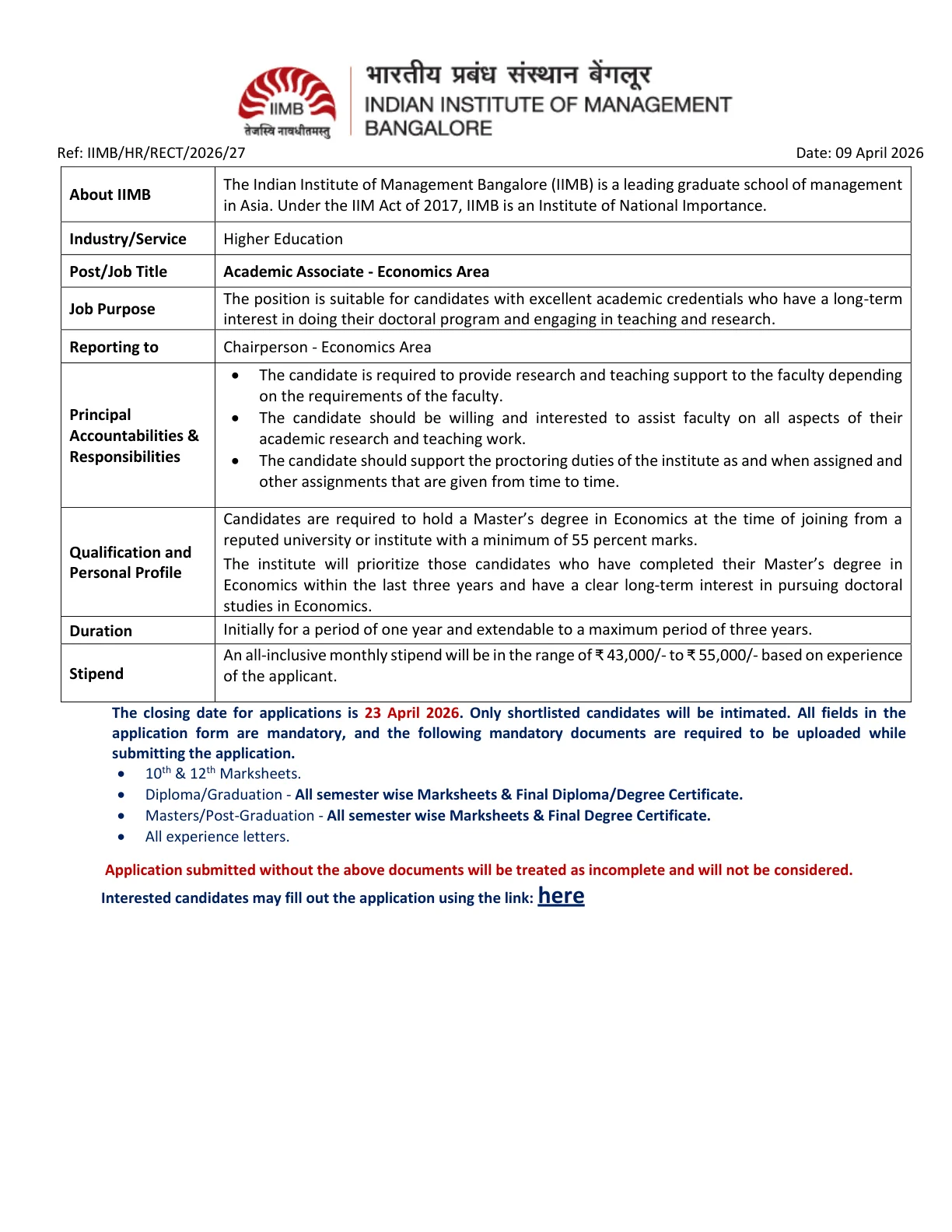 Official Recruitment Notification for IIMB Academic Associate - Economics Area Recruitment 2026 - Apply Online
