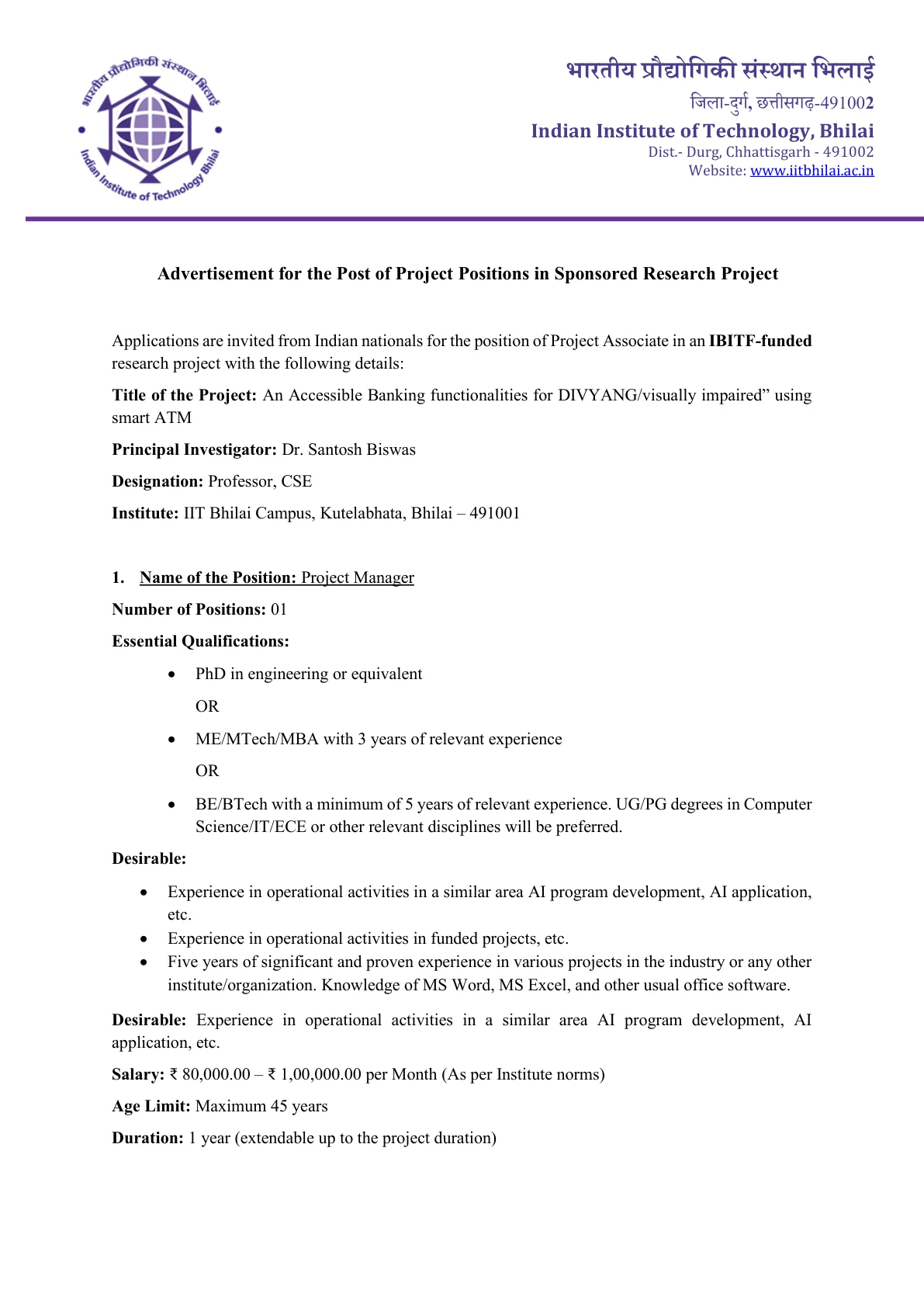 Official Recruitment Notification for IIT Bhilai Recruitment 2026 for Project Manager, Senior Software Developer and Computer Programmer Posts