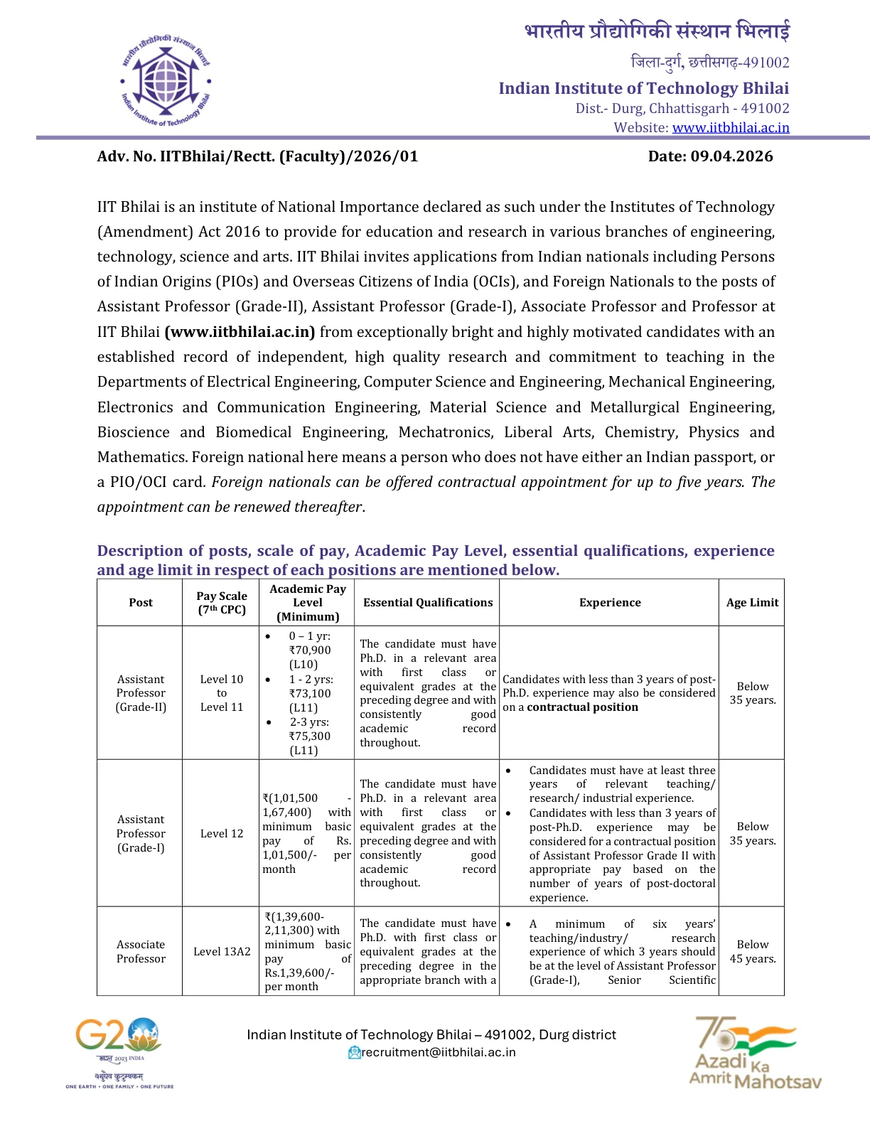 Official Recruitment Notification for IIT Bhilai Faculty Recruitment 2026: Assistant Professor, Associate Professor and Professor Posts