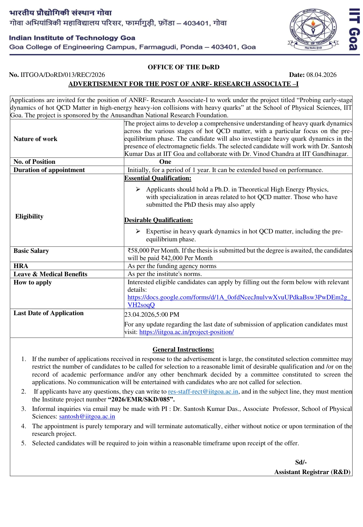 Official Recruitment Notification for IIT Goa Research Associate I Recruitment 2026 - Apply Online