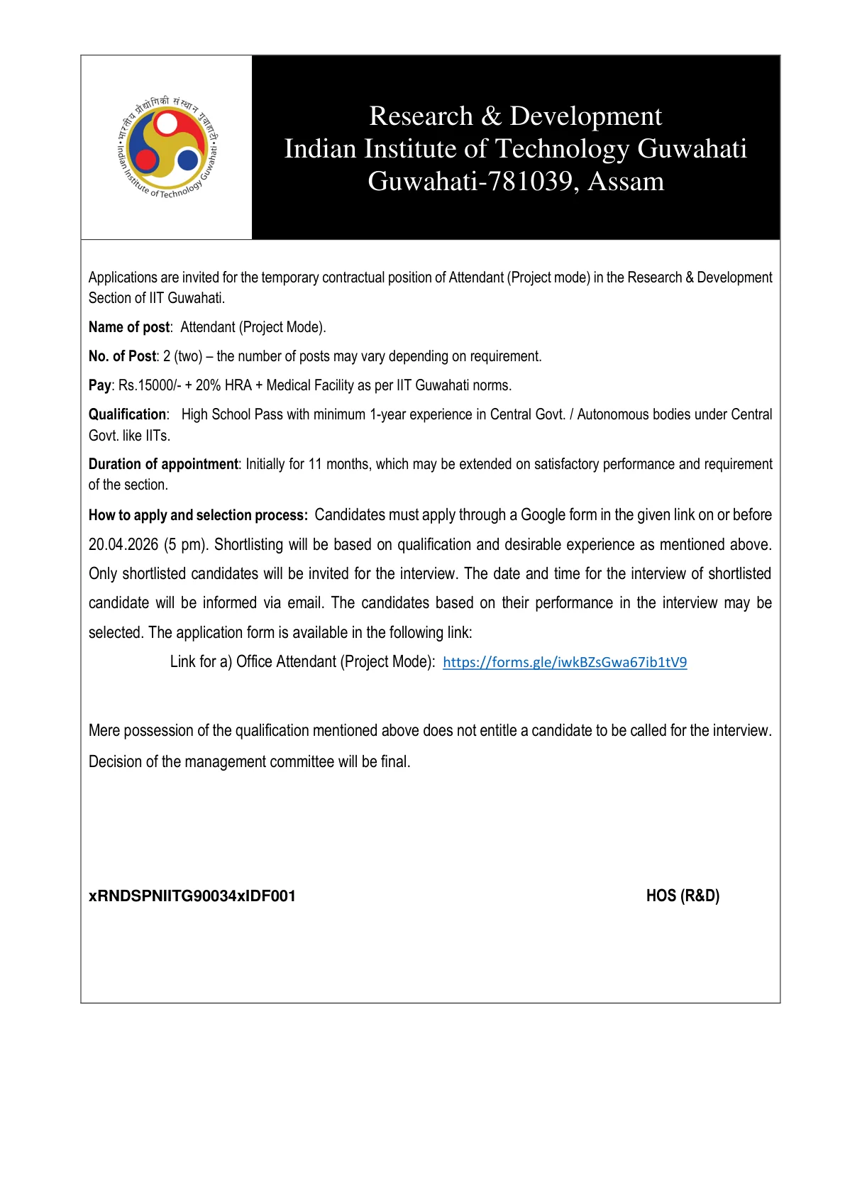 Official Recruitment Notification for IIT Guwahati Attendant Recruitment 2026: apply online, check eligibility, salary, experience requirement and last date