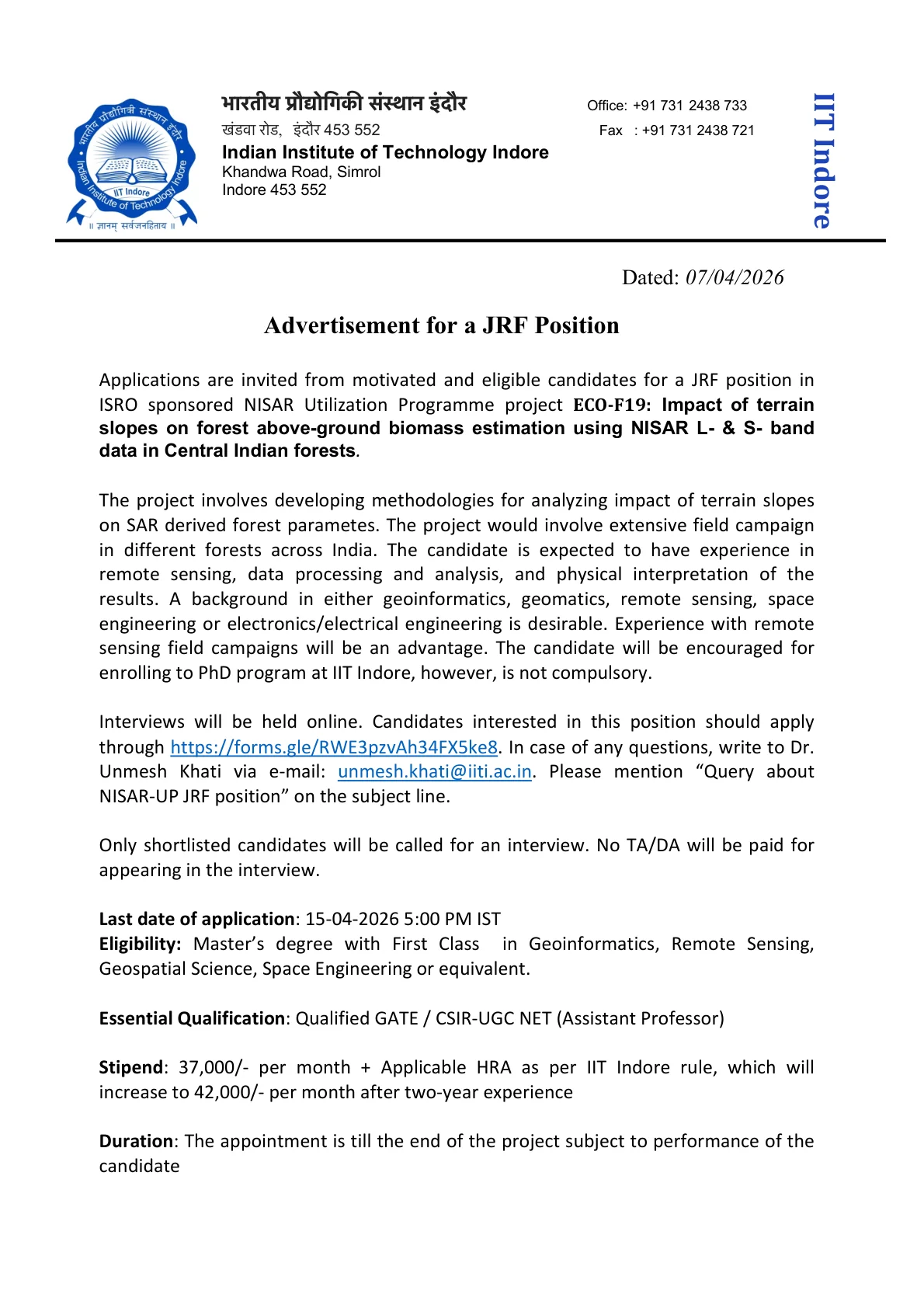 Official Recruitment Notification for IIT Indore Junior Research Fellow Recruitment 2026 - Apply Online