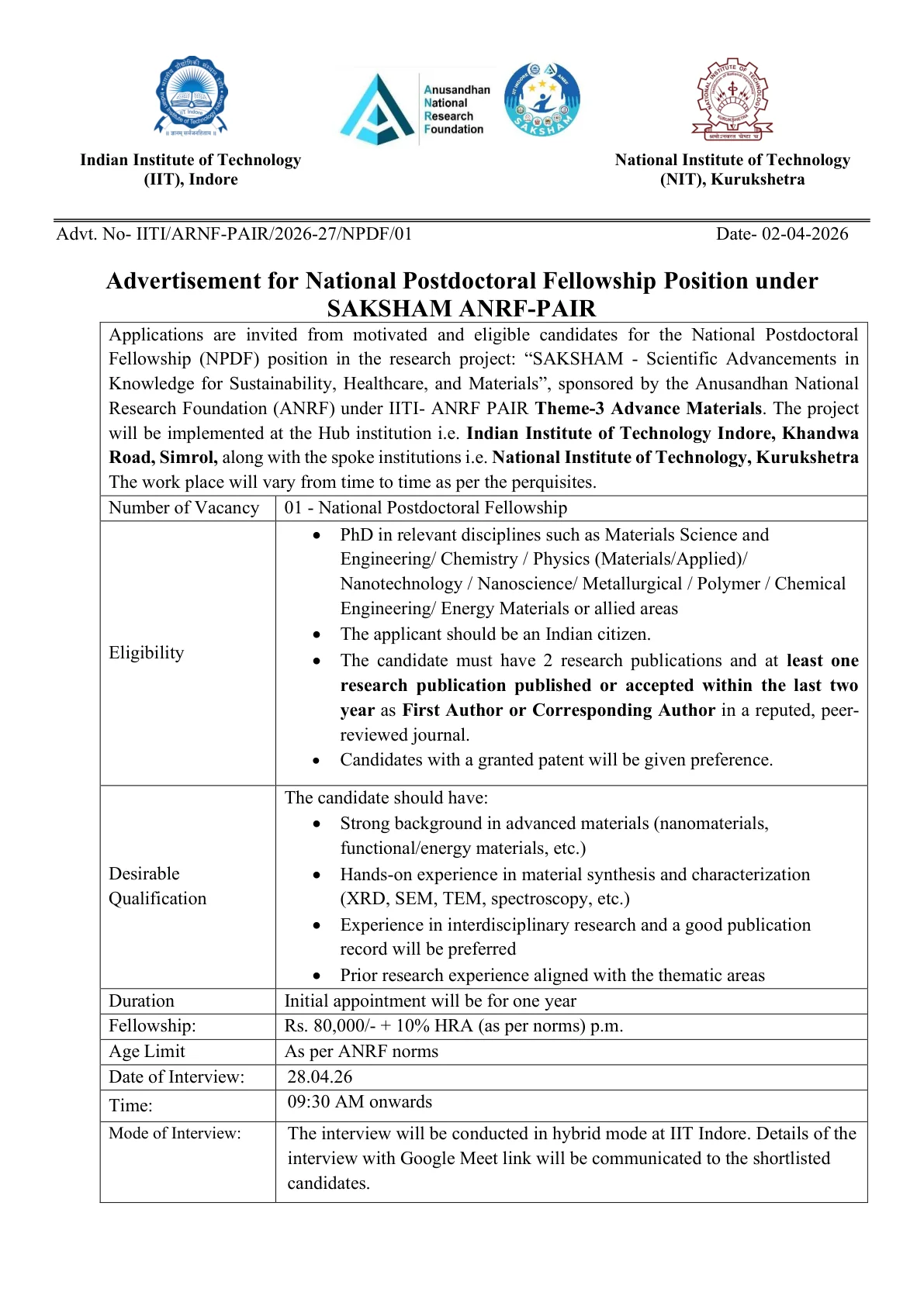 Official Recruitment Notification for IIT Indore National Postdoctoral Fellowship Recruitment 2026 - Apply Online
