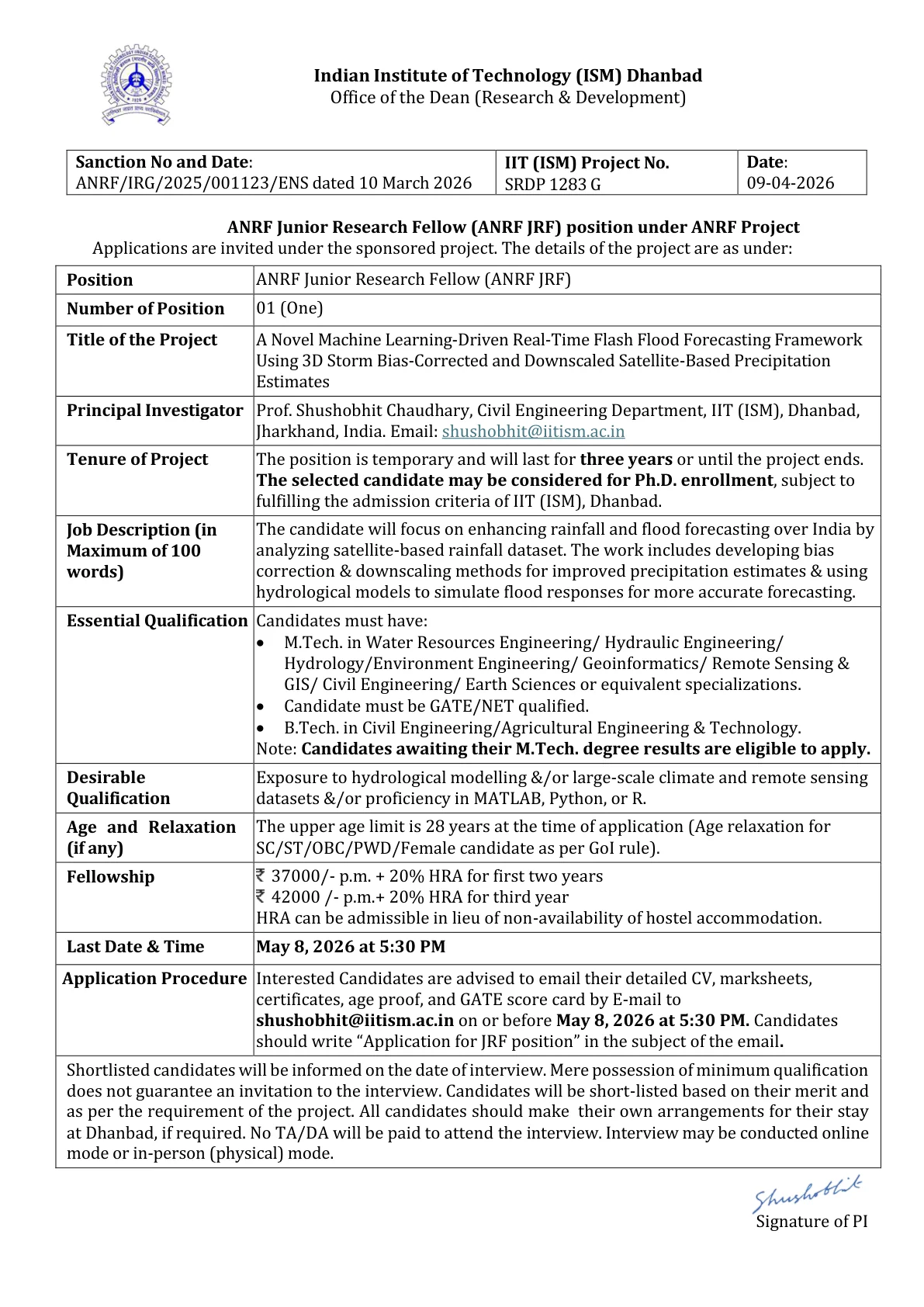 Official Recruitment Notification for IIT (ISM) Dhanbad ANRF Junior Research Fellow (ANRF JRF) Recruitment 2026 - Apply Online