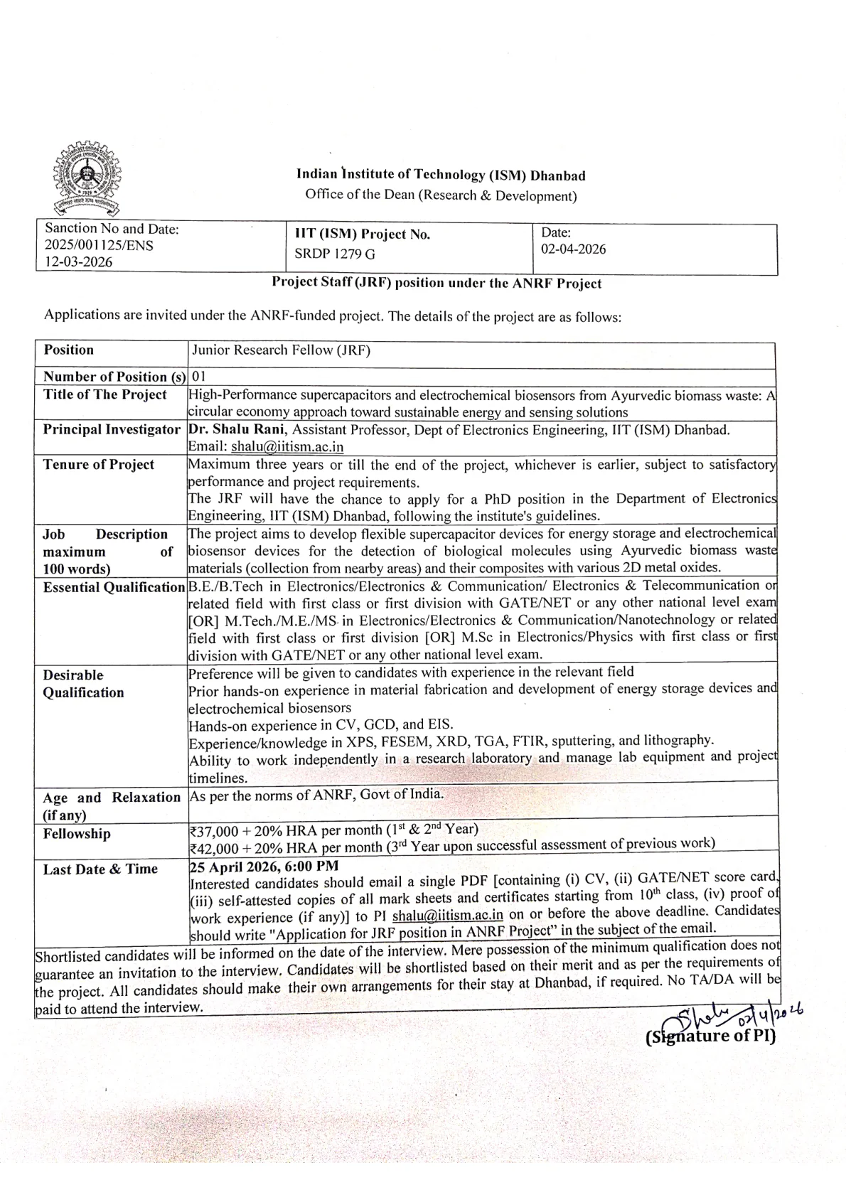 Official Recruitment Notification for IIT (ISM) Dhanbad Junior Research Fellow Recruitment 2026 - Apply Online