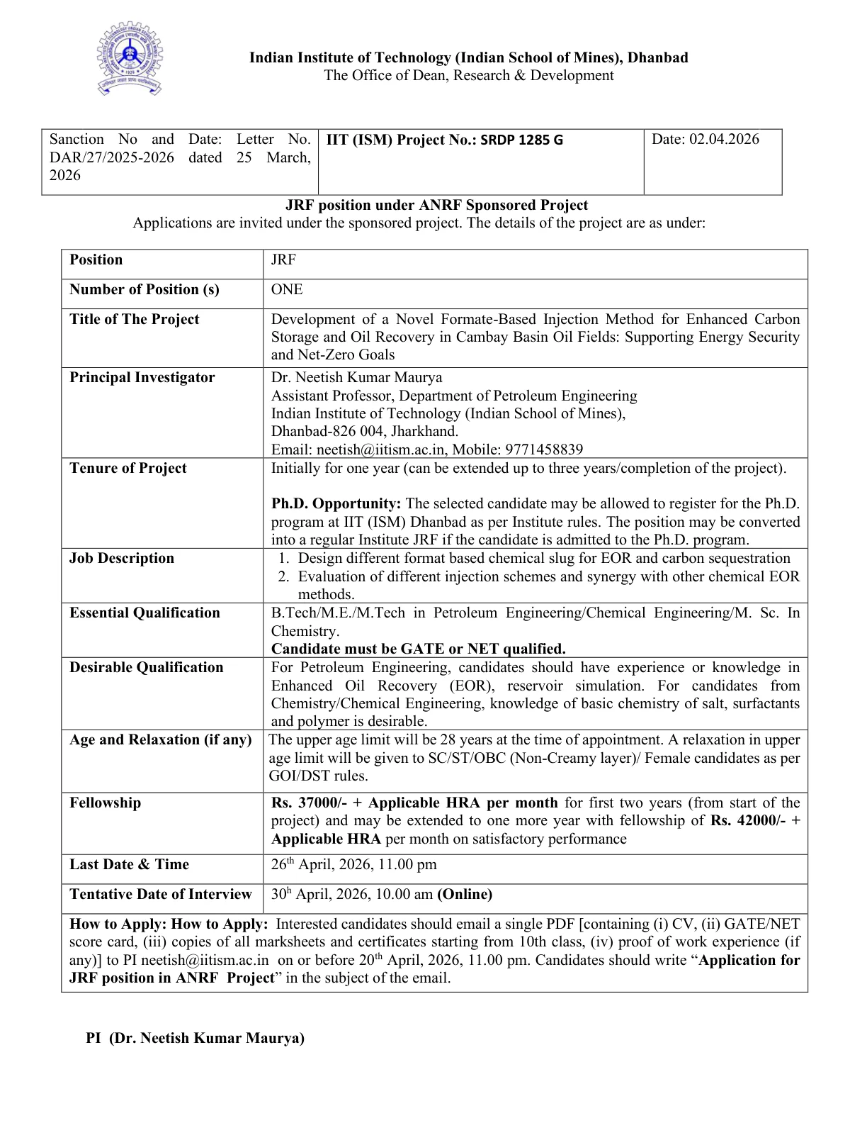 Official Recruitment Notification for IIT ISM Dhanbad Junior Research Fellow Recruitment 2026 - Apply Online