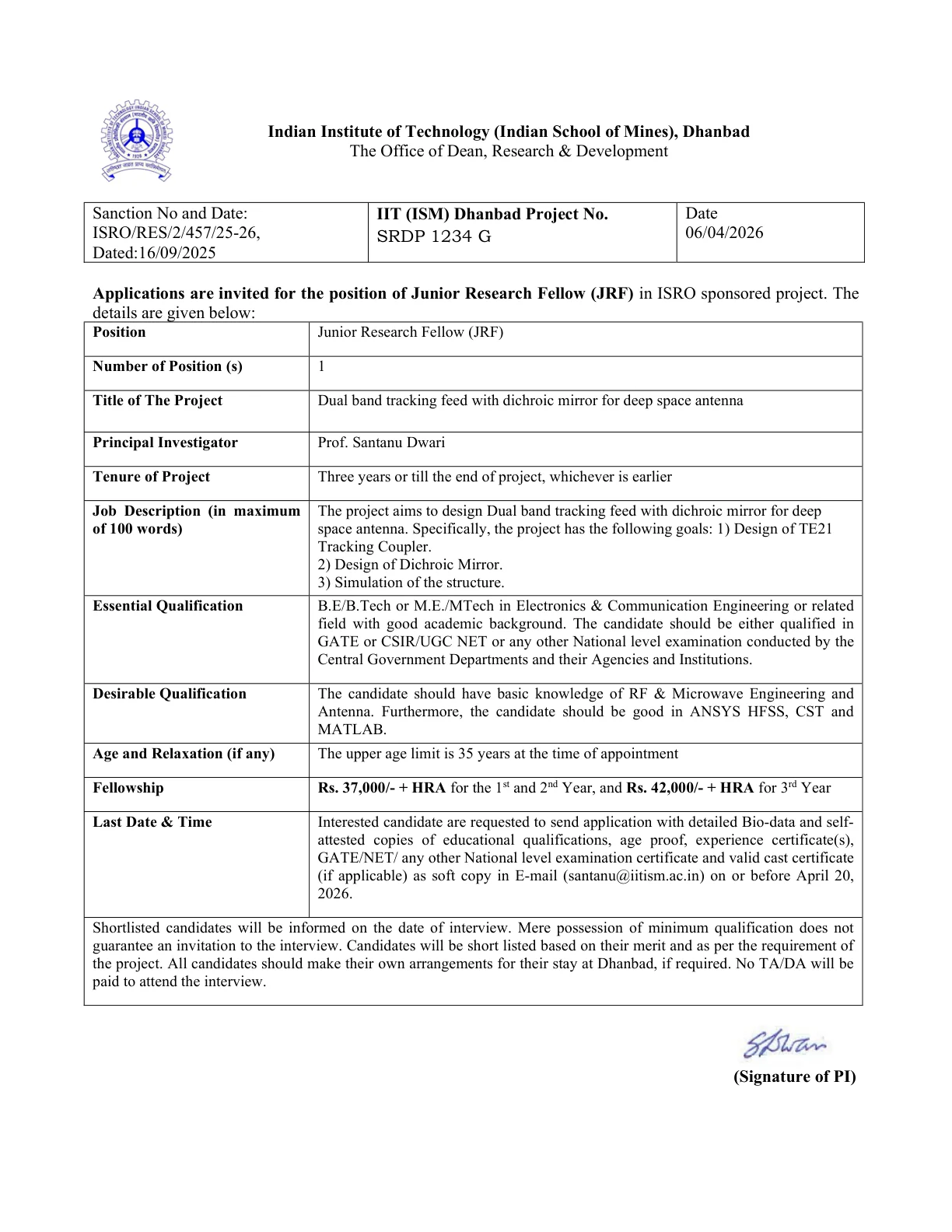 Official Recruitment Notification for IIT ISM Dhanbad Junior Research Fellow Recruitment 2026 - Apply Online
