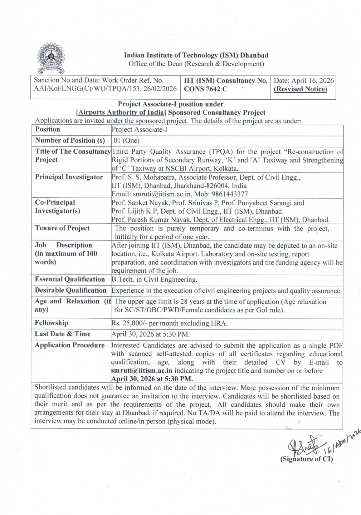 Official Recruitment Notification for IIT ISM Dhanbad Project Associate I Recruitment 2026: Eligibility, Fellowship and How to Apply by 30 April