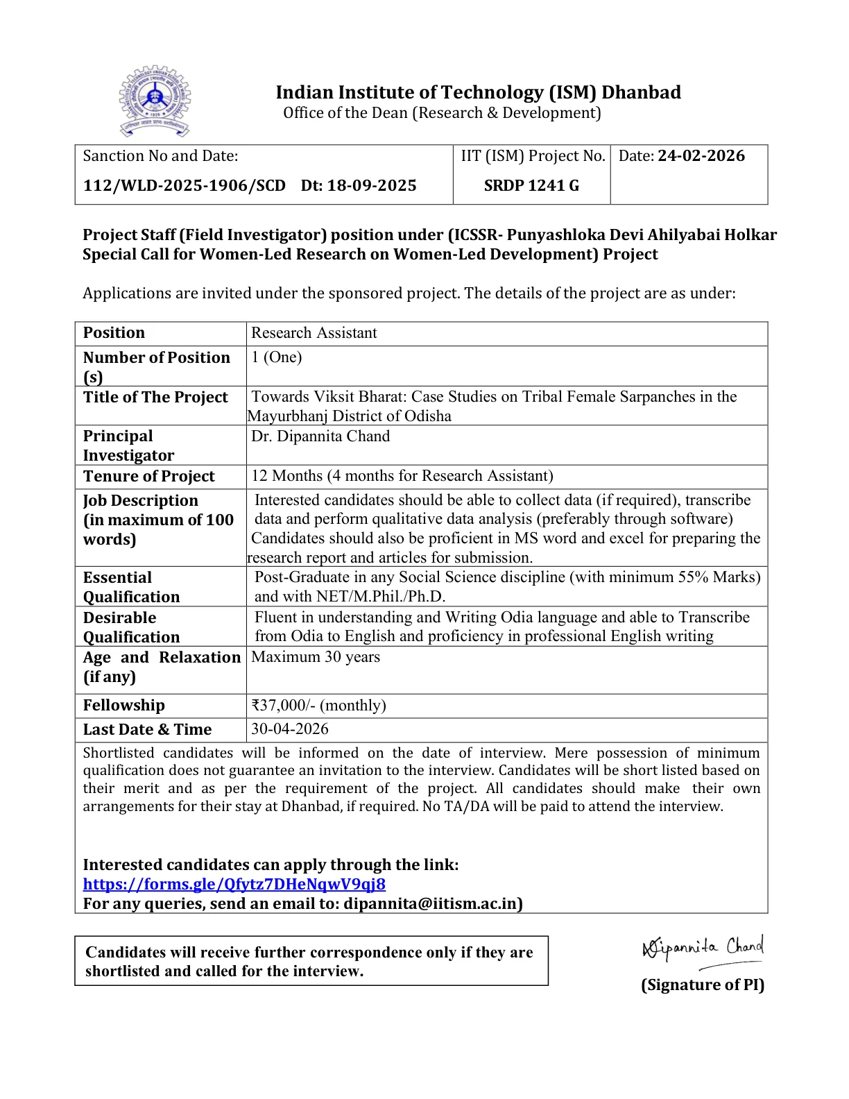 Official Recruitment Notification for IIT ISM Dhanbad Recruitment 2026 for 1 Research Assistant Post: Eligibility, Fellowship and Online Apply Details