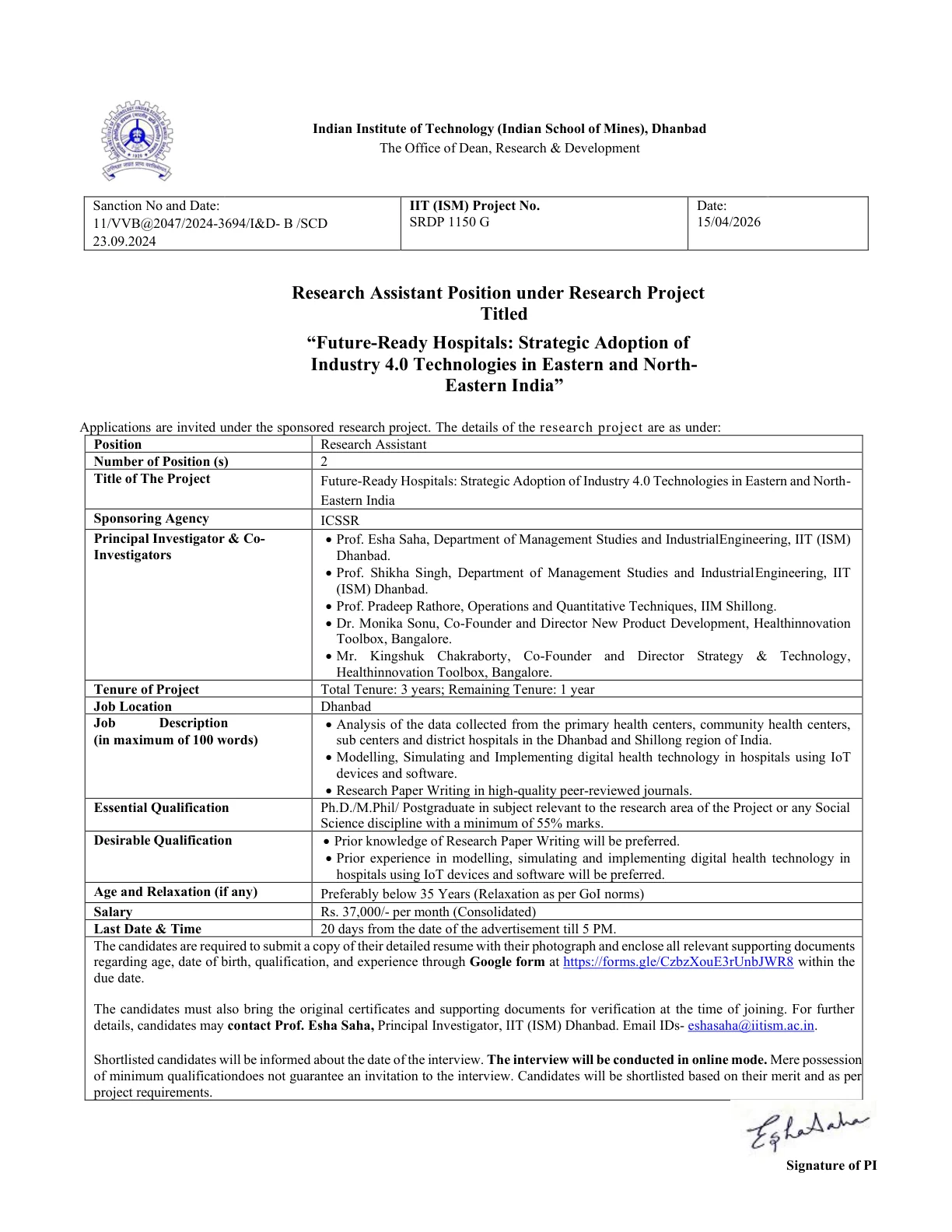 Official Recruitment Notification for IIT ISM Dhanbad Research Assistant Recruitment 2026: Eligibility, Salary, Google Form Process and Last Date