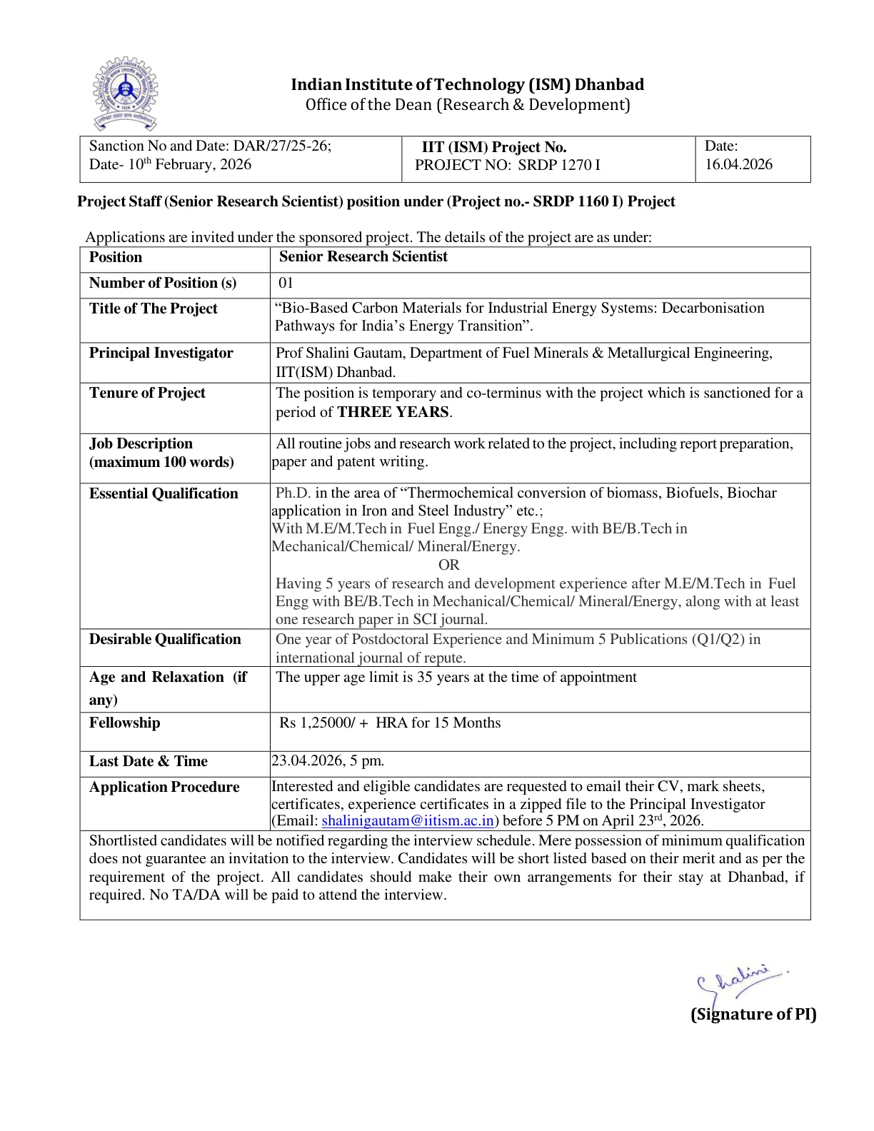 Official Recruitment Notification for IIT ISM Dhanbad Senior Research Scientist Recruitment 2026: Apply by Email for 1 Post