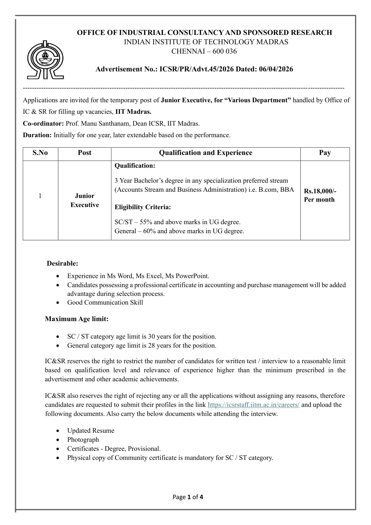 Official Recruitment Notification for IIT Madras Junior Executive Recruitment 2026 - Apply Online