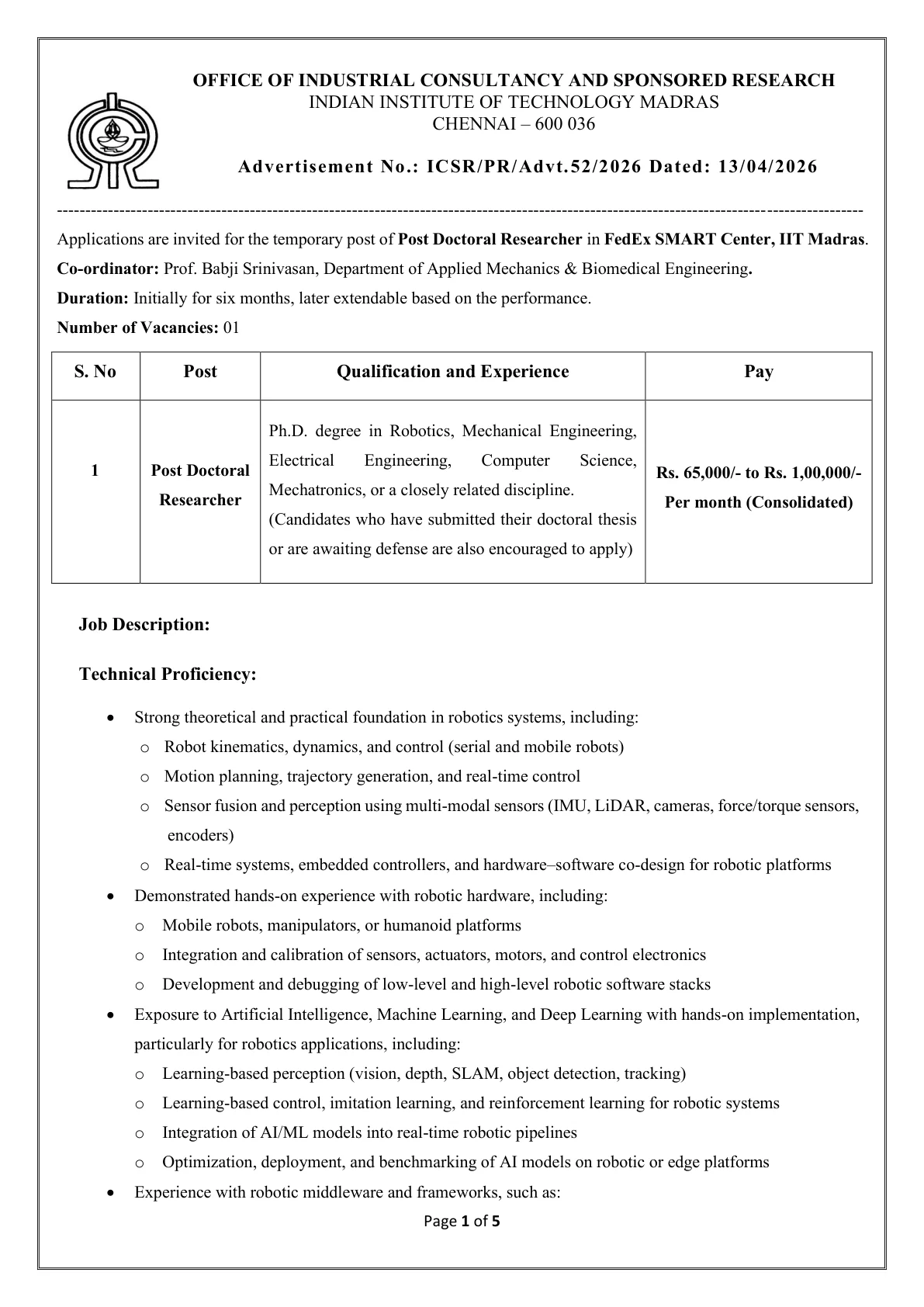 Official Recruitment Notification for IIT Madras Post Doctoral Researcher Recruitment 2026: Eligibility, Salary, Last Date and How to Apply Online