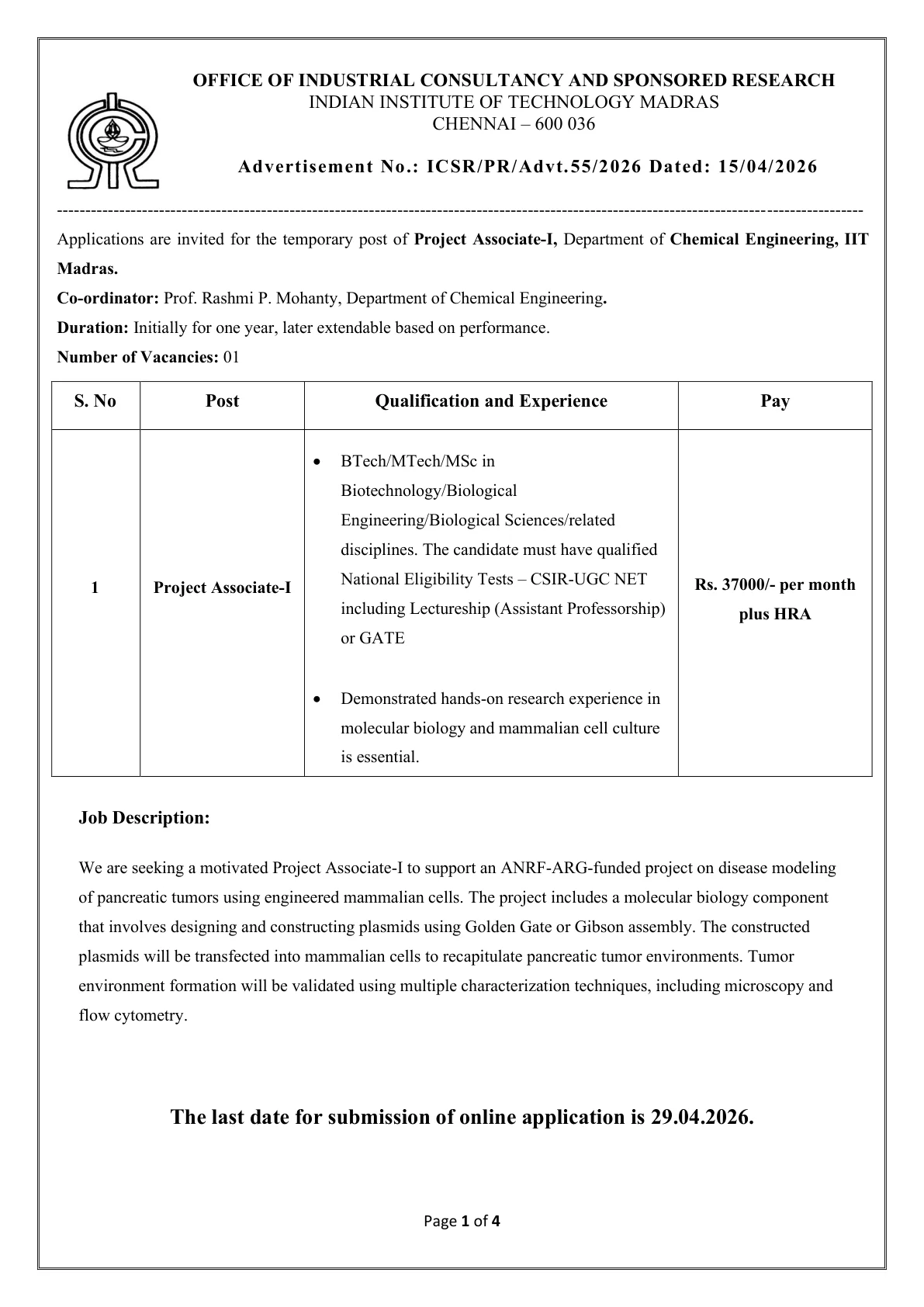 Official Recruitment Notification for IIT Madras Project Associate-I Recruitment 2026: Eligibility, Salary, Last Date and Online Application Guide