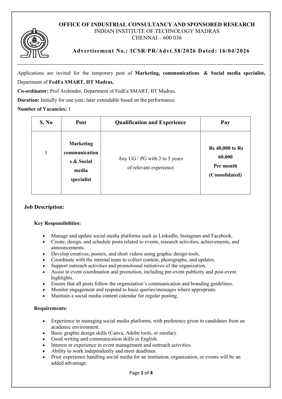 Official Recruitment Notification for IIT Madras Marketing Communications & Social Media Specialist Recruitment 2026: 1 Vacancy, Eligibility, Salary and Apply Online by 30 April