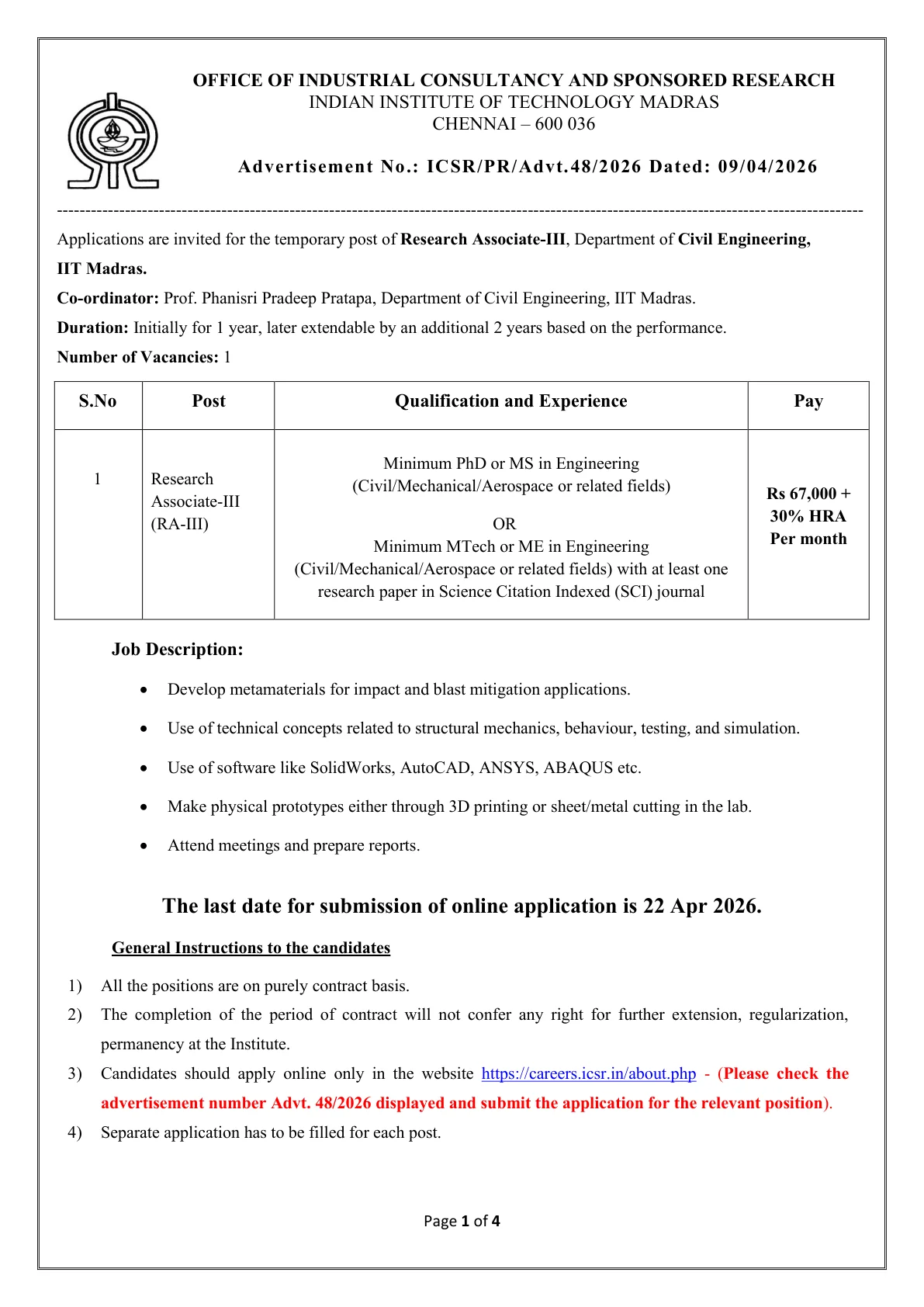 Official Recruitment Notification for IIT Madras Research Associate-III Recruitment 2026: Check Eligibility, Salary, Last Date and Apply Online