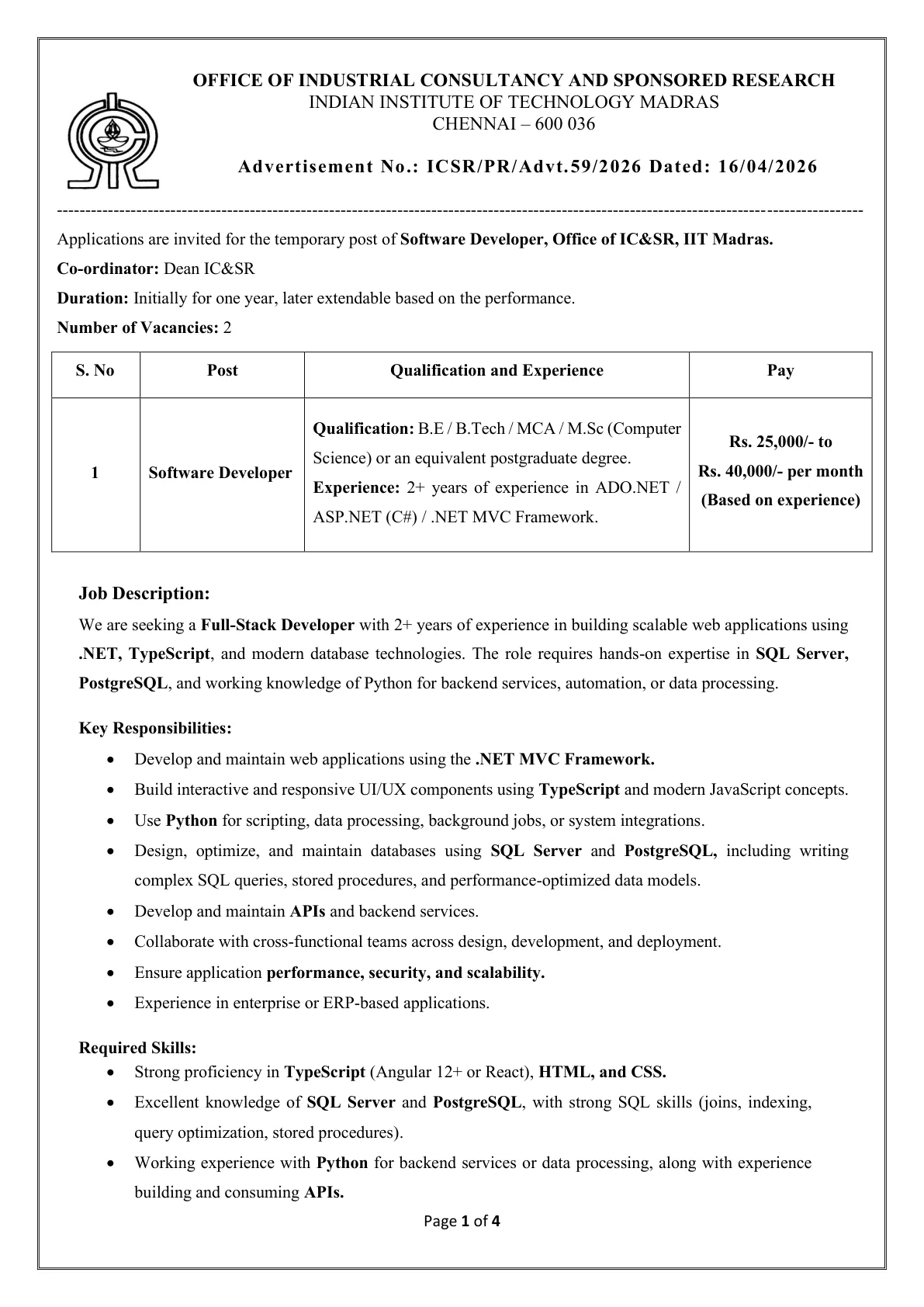 Official Recruitment Notification for IIT Madras Software Developer Recruitment 2026 for 2 Posts: Check Eligibility, Salary and Apply Online by April 24