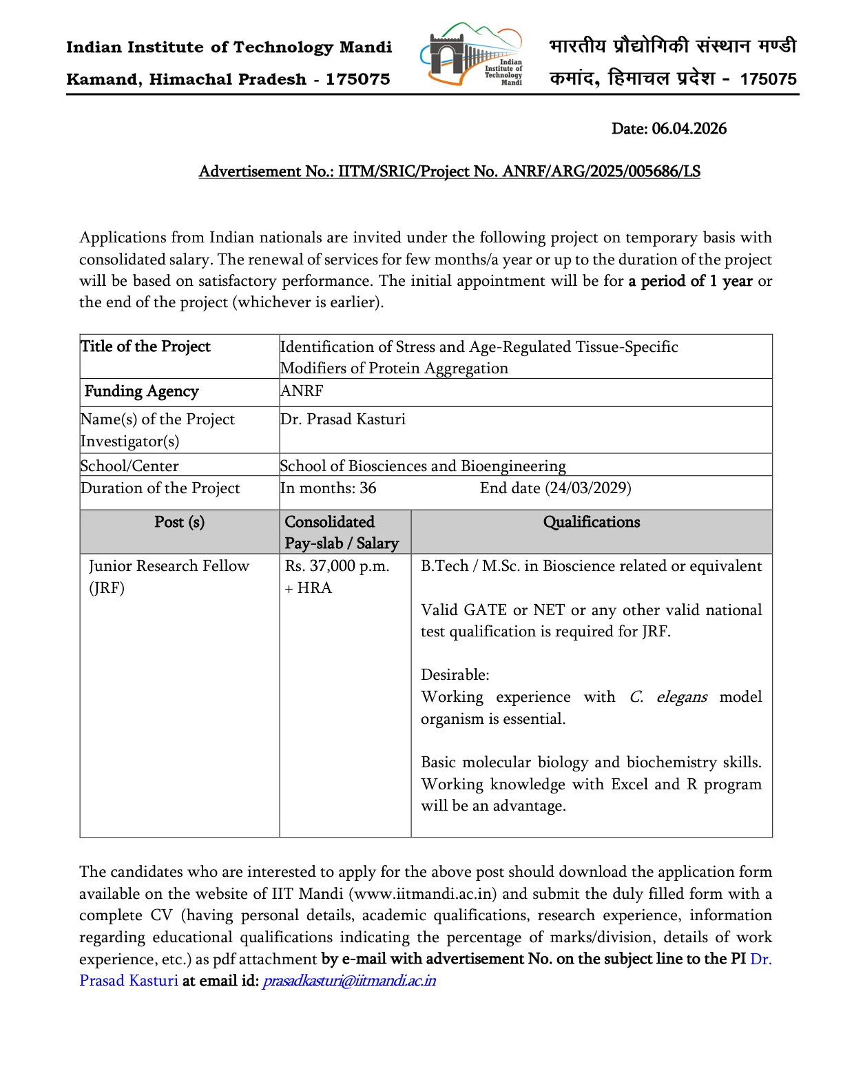 Official Recruitment Notification for IIT Mandi Junior Research Fellow Recruitment 2026 - Apply Online