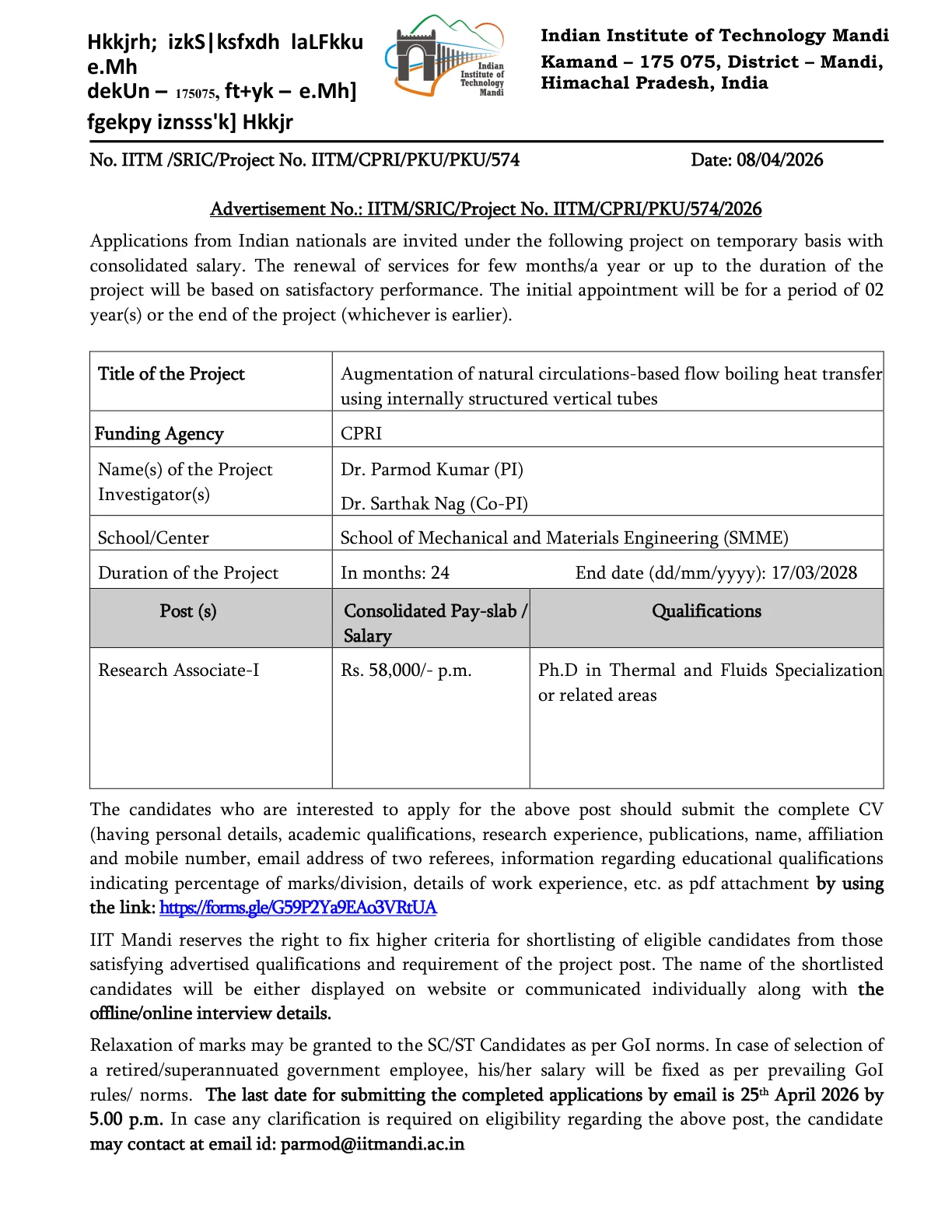 Official Recruitment Notification for IIT Mandi Research Associate I Recruitment 2026 - Apply Online
