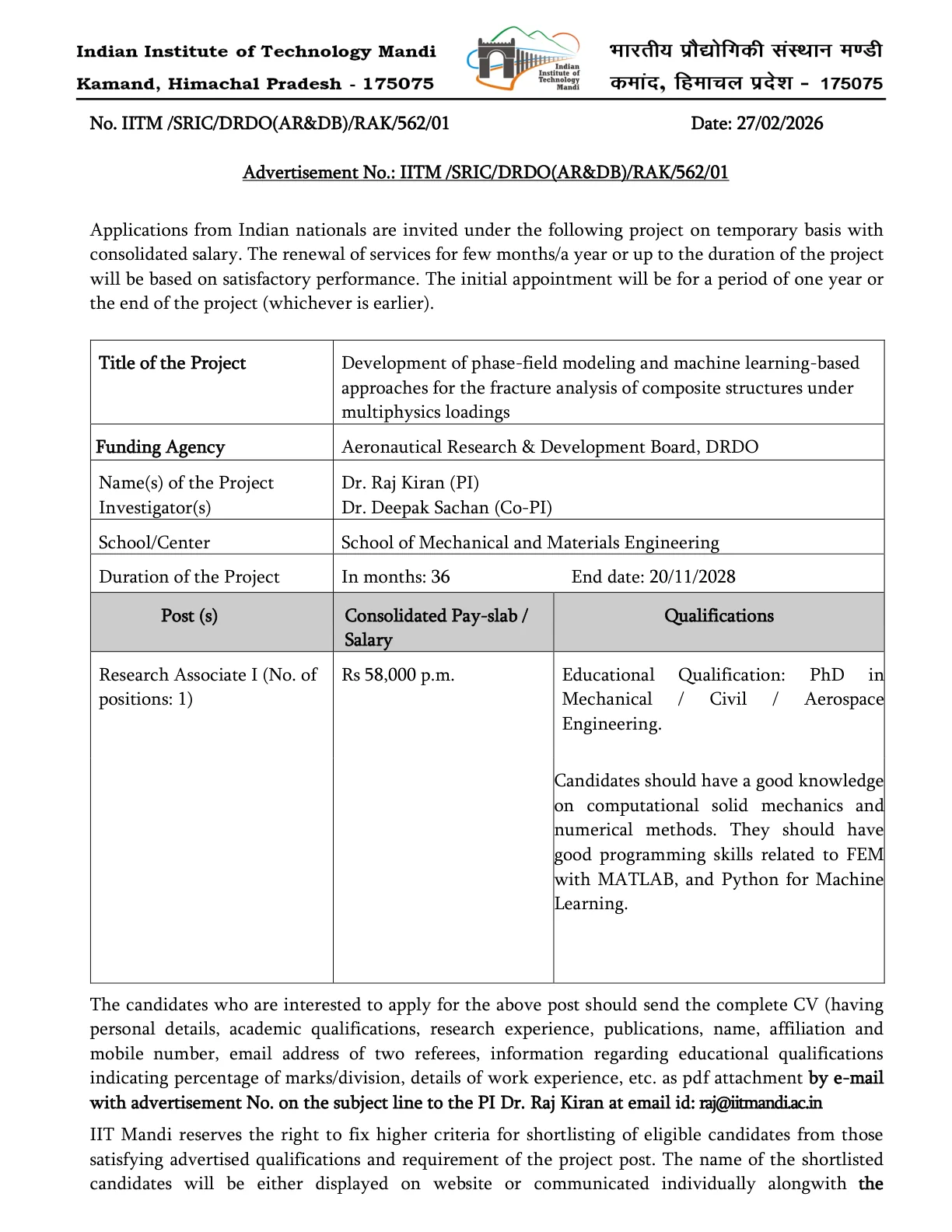 Official Recruitment Notification for IIT Mandi Research Associate I Recruitment 2026 - Apply Online