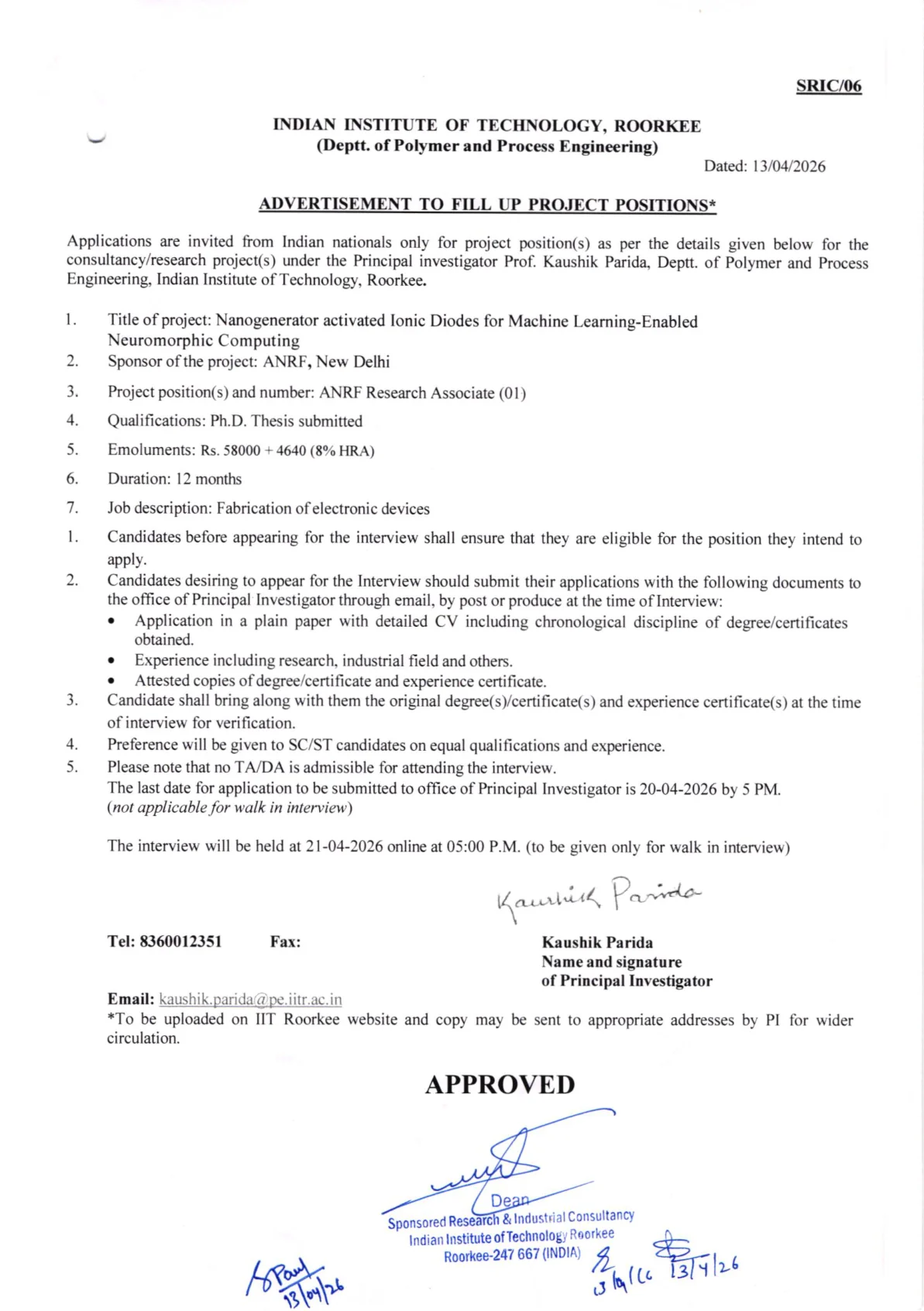 Official Recruitment Notification for IIT Roorkee ANRF Research Associate Recruitment 2026: eligibility, salary, last date, interview schedule, and how to apply by email