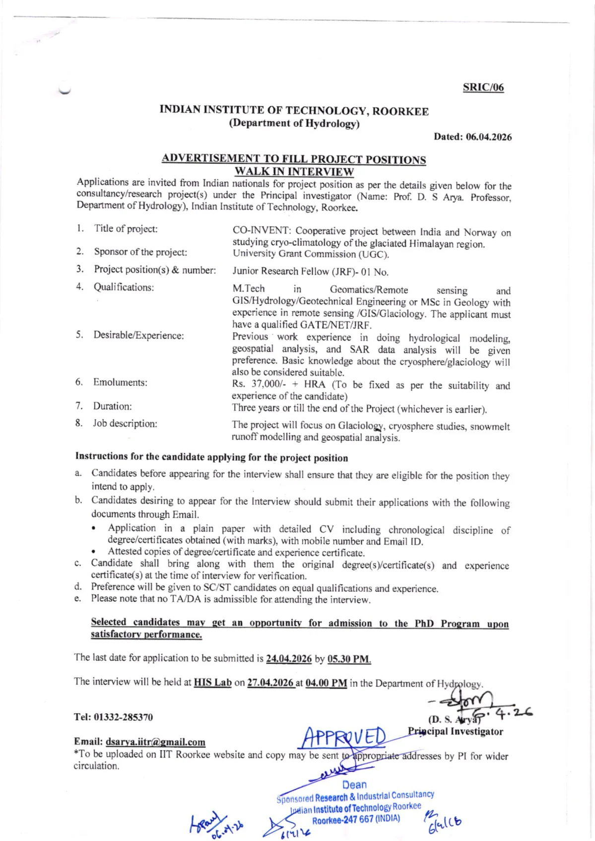 Official Recruitment Notification for IIT Roorkee Junior Research Fellow Recruitment 2026 - Apply Online