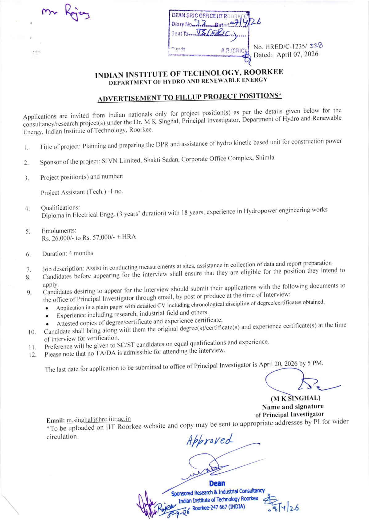 Official Recruitment Notification for IIT Roorkee Project Assistant Recruitment 2026 - Apply Offline